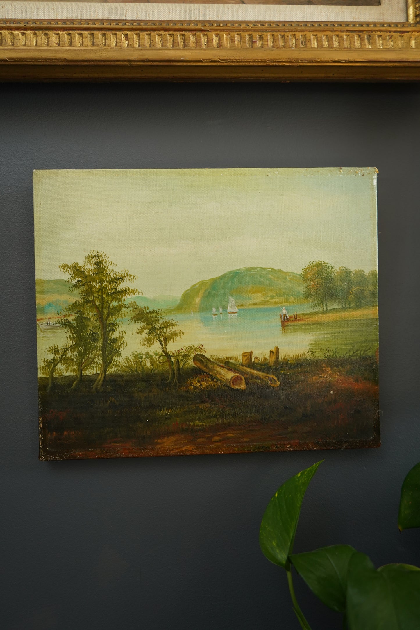 Vintage Hudson River School Style Oil on Canvas Landscape with Sailboats, Mid 20th Century Unframed