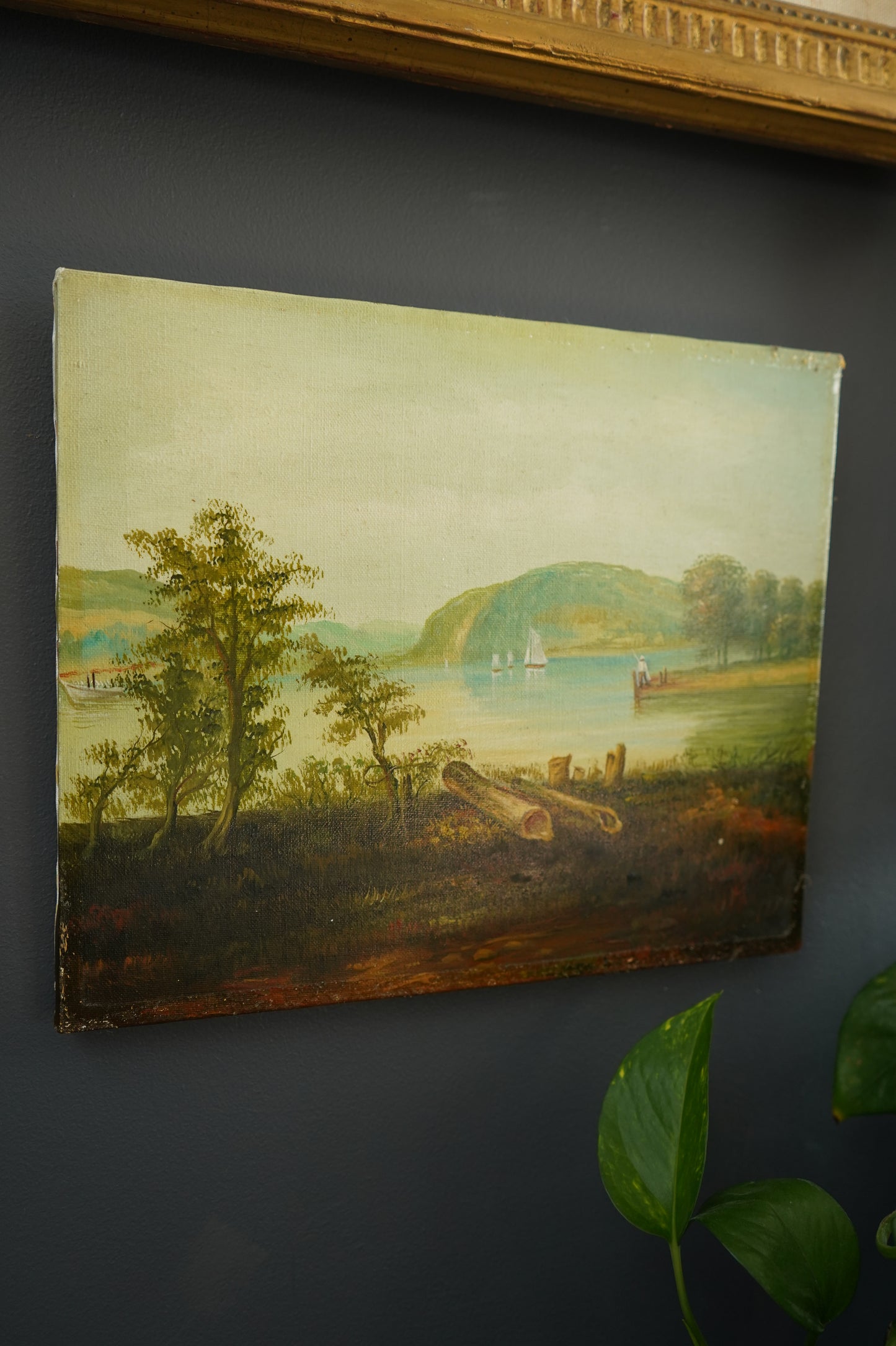 Vintage Hudson River School Style Oil on Canvas Landscape with Sailboats, Mid 20th Century Unframed