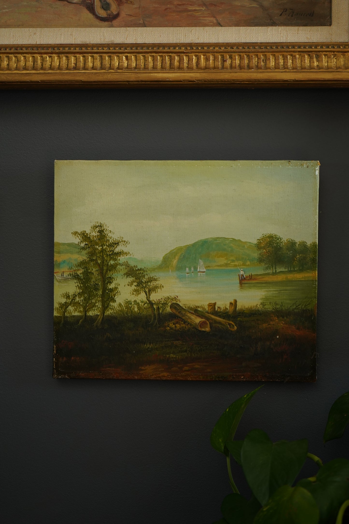 Vintage Hudson River School Style Oil on Canvas Landscape with Sailboats, Mid 20th Century Unframed