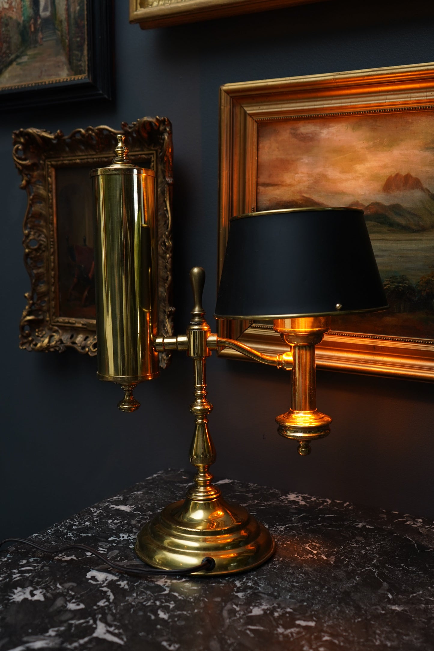 Brass Bouillotte Lamp with Black Shade
