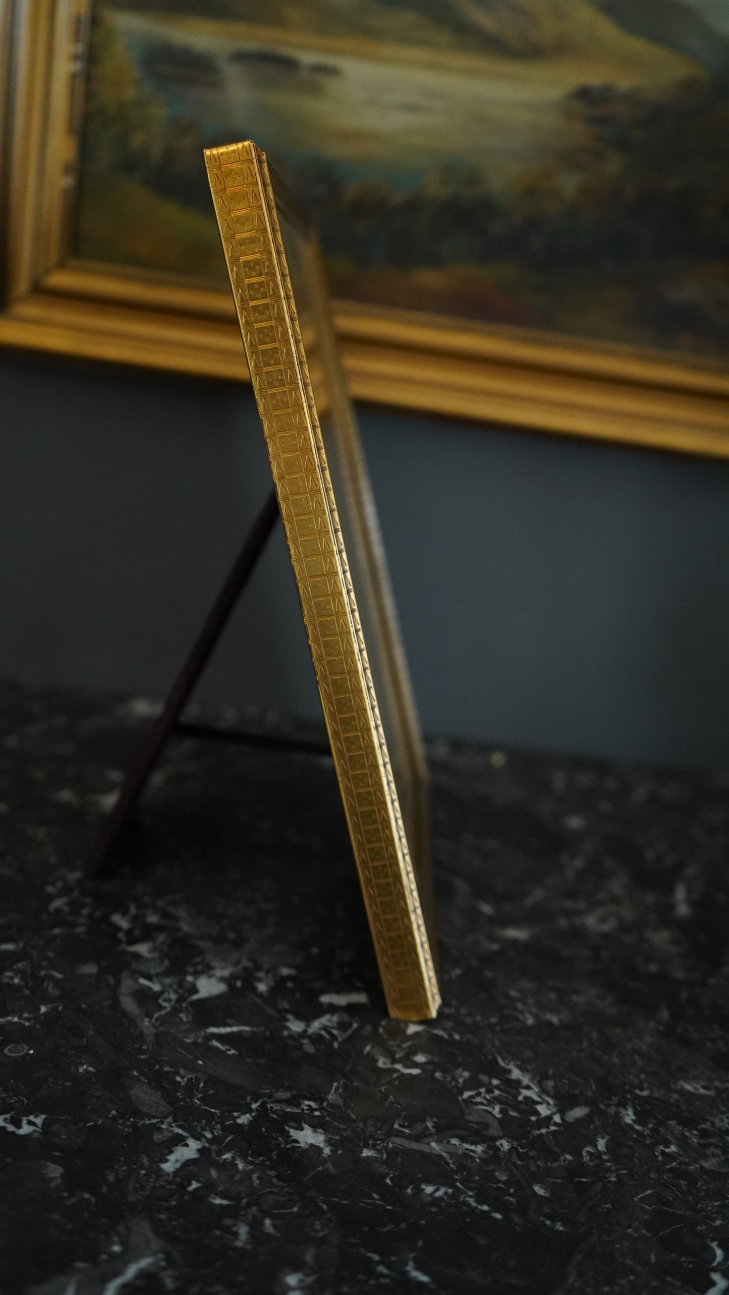 Gold Plated Picture Frame with Geometric Border | Vintage Brass Picture Frame