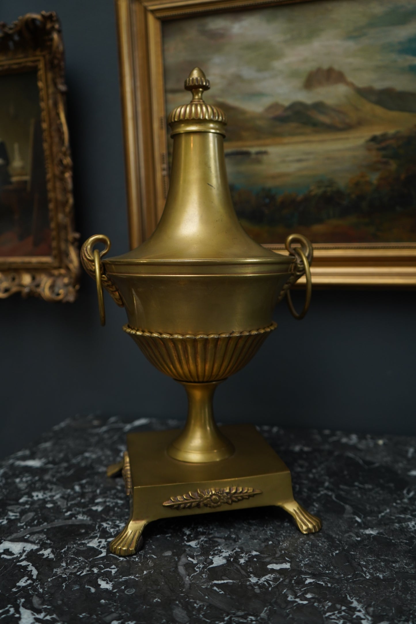 Antique Neoclassical Brass Urn with Lid and Laurel Motifs – Late 19th Century Decorative Mantel Piece