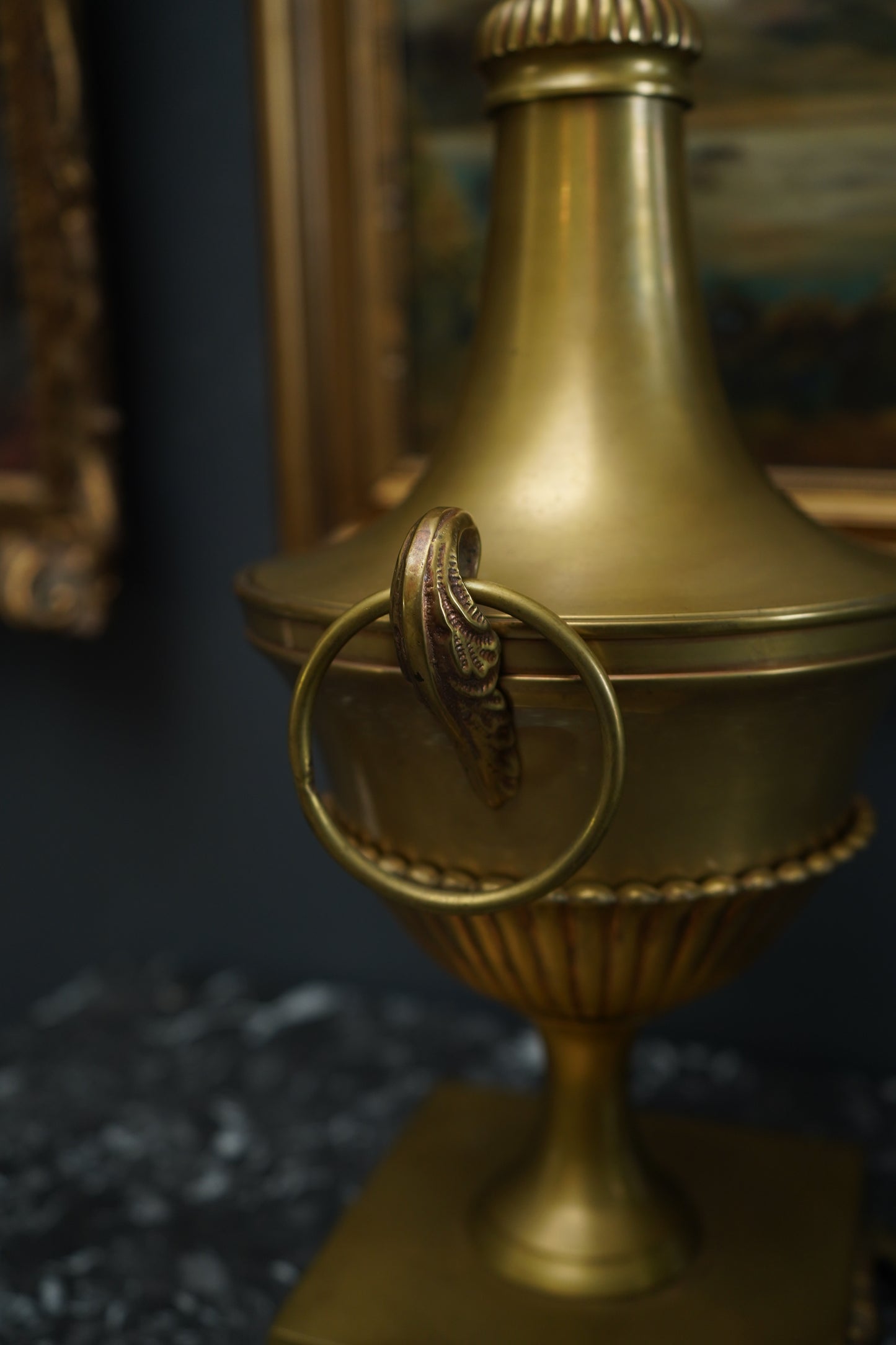 Antique Neoclassical Brass Urn with Lid and Laurel Motifs – Late 19th Century Decorative Mantel Piece