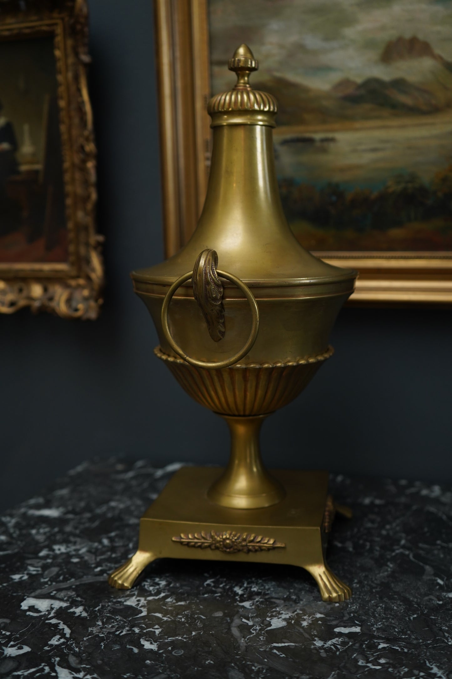 Antique Neoclassical Brass Urn with Lid and Laurel Motifs – Late 19th Century Decorative Mantel Piece