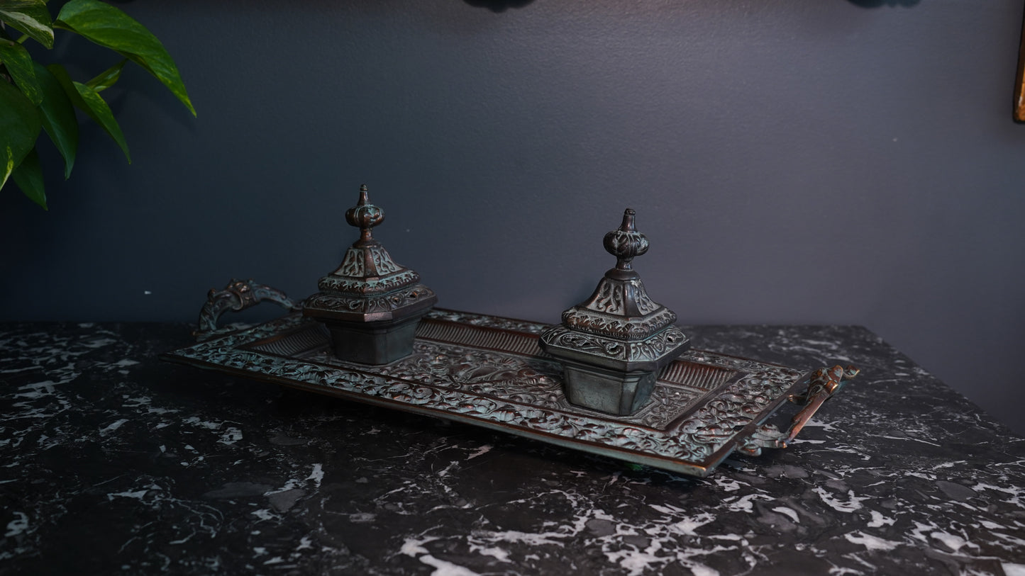 Ornate Cast Bronze Double Inkwell