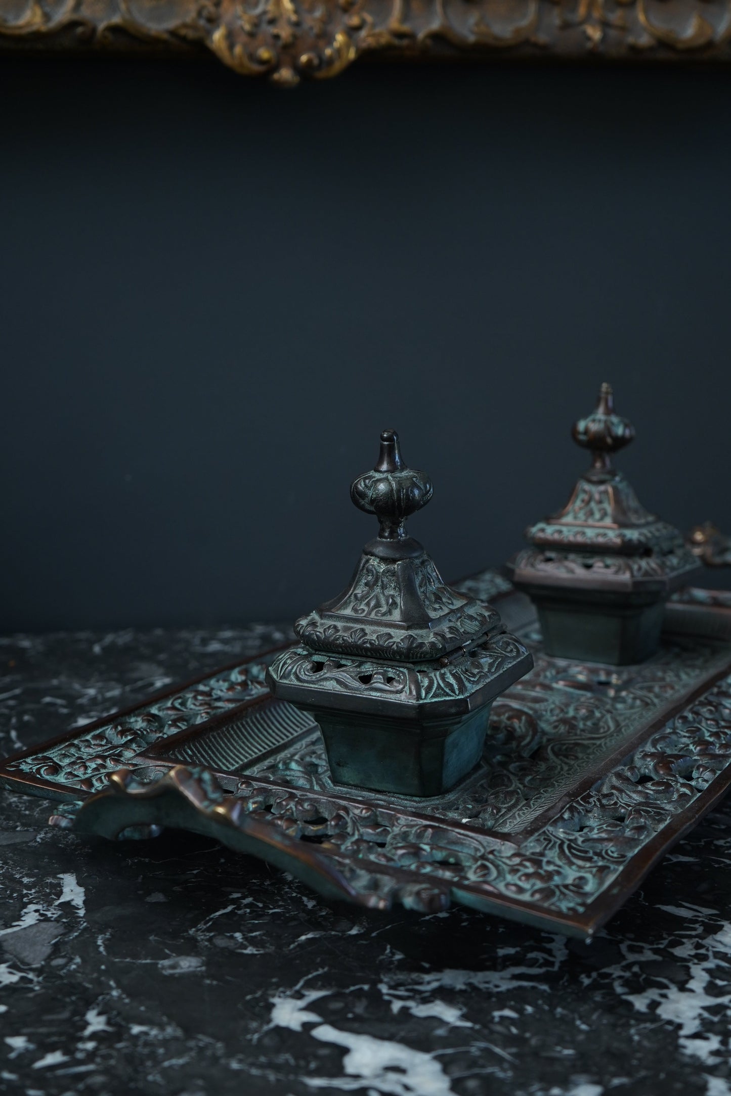 Ornate Cast Bronze Double Inkwell