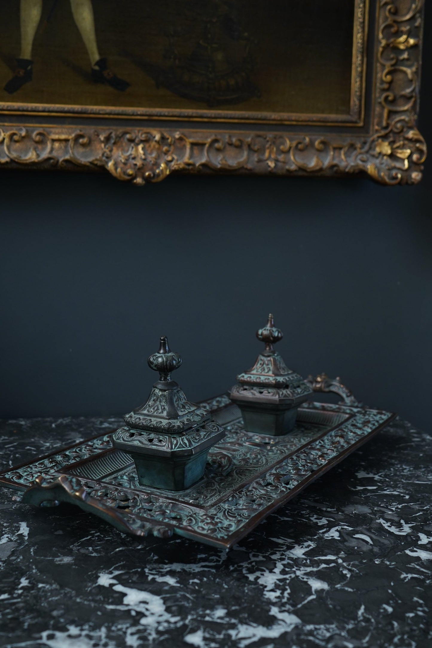 Ornate Cast Bronze Double Inkwell