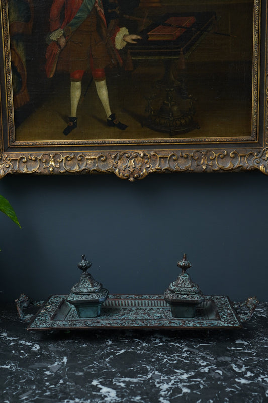 Ornate Cast Bronze Double Inkwell