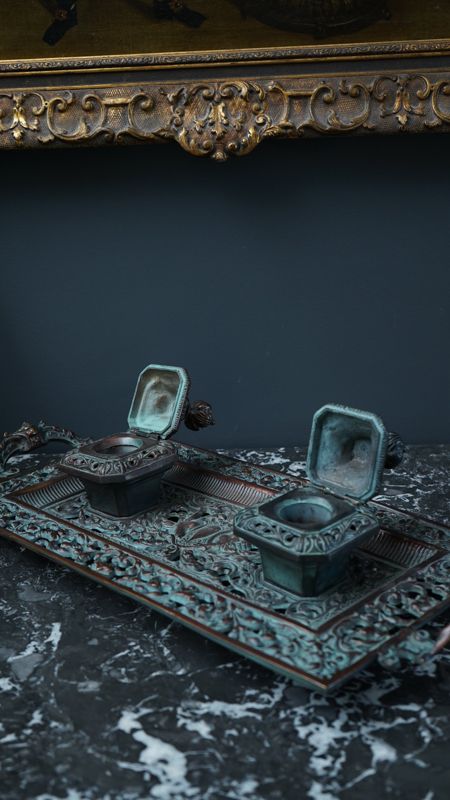 Ornate Cast Bronze Double Inkwell