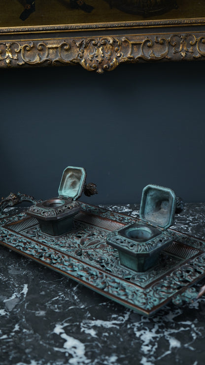 Ornate Cast Bronze Double Inkwell