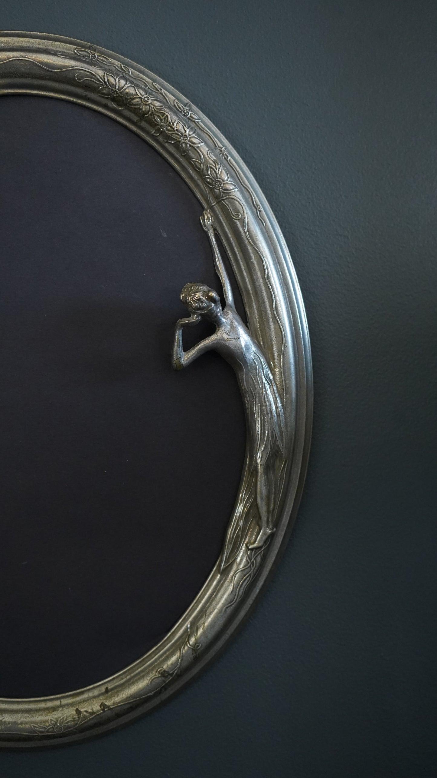 Art Nouveau Silver Plated Oval Frame with Lady and Floral Motif, Circa 1900