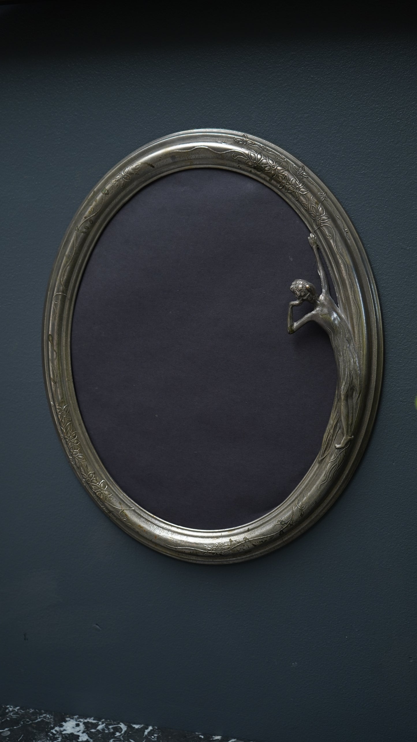 Art Nouveau Silver Plated Oval Frame with Lady and Floral Motif, Circa 1900