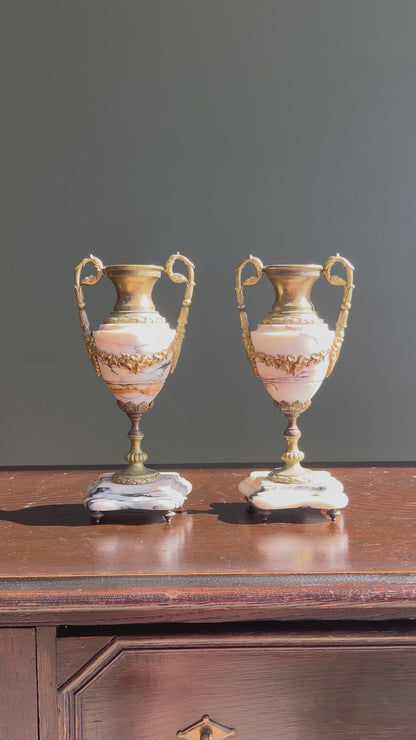 Antique French Marble and Brass Urns, Pair, Circa 1900