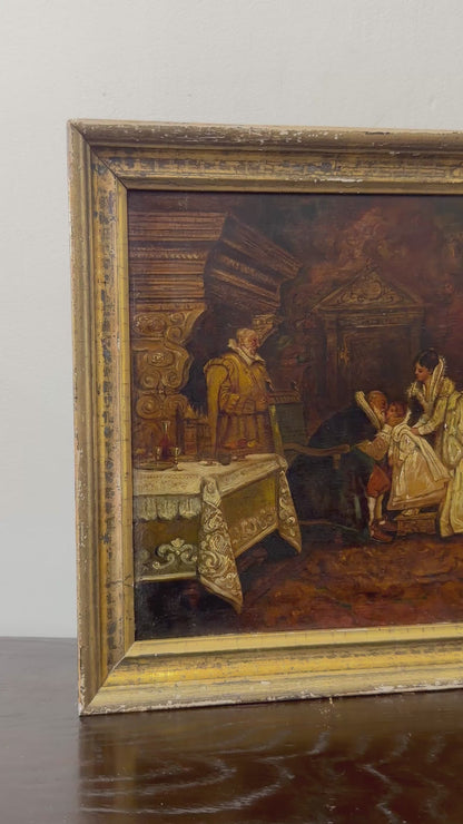 Antique Continental Court Scene Oil Painting, Circa 1880