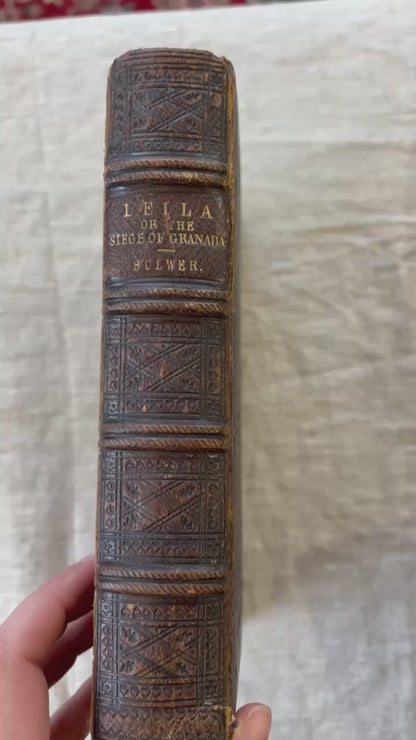 Leila Siege of Granada Bulwer 1850 Antique Leather Book, Gauffered Pages
