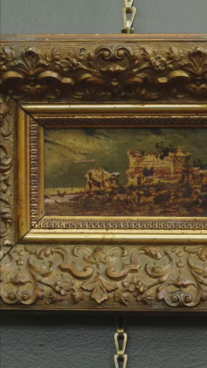 Antique Flemish Oil Panel, Coastal Ruin Landscape with Figures, Signed and Dated 1876