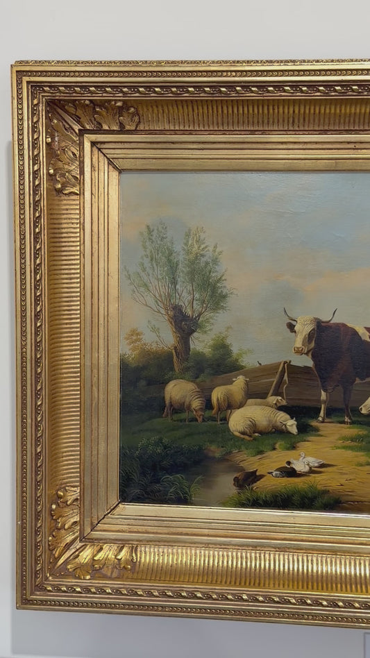 Antique Signed Dutch Oil Painting of Cows and Sheep in Meadow