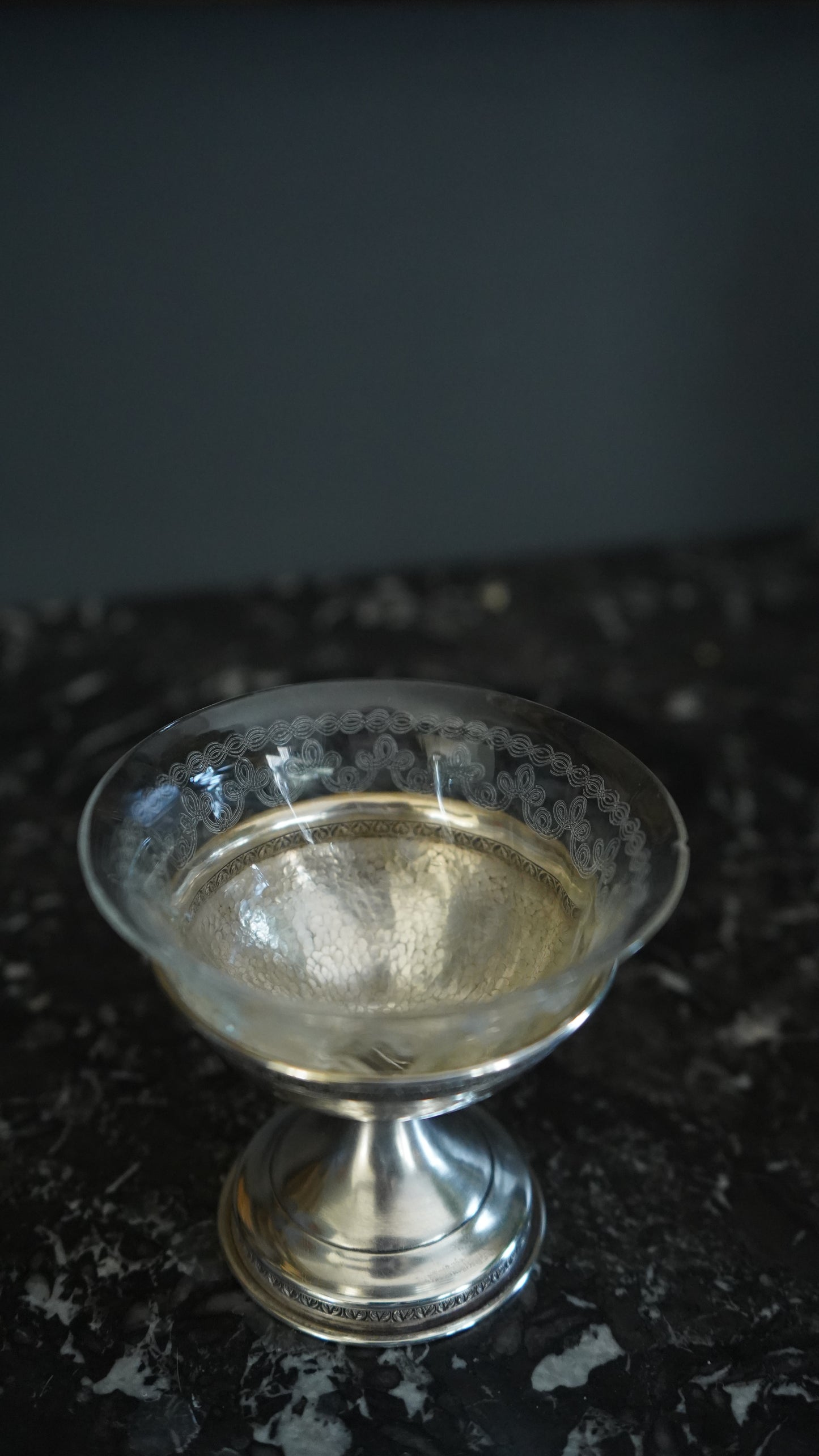 Set of 6 Sterling Silver & Etched Glass Dessert Cups