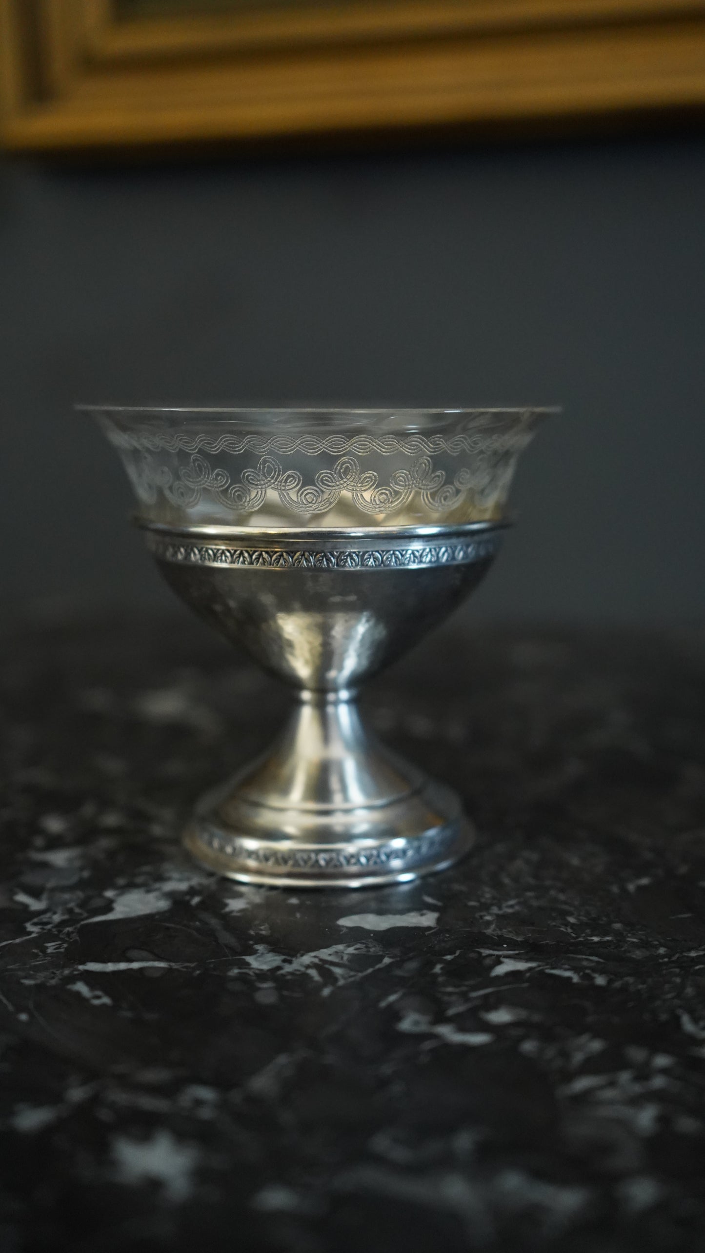 Set of 6 Sterling Silver & Etched Glass Dessert Cups