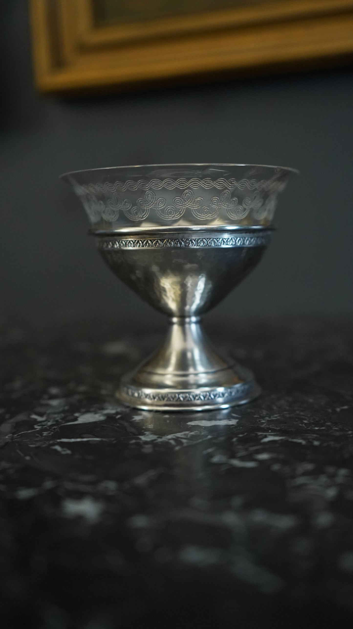 Set of 6 Sterling Silver & Etched Glass Dessert Cups