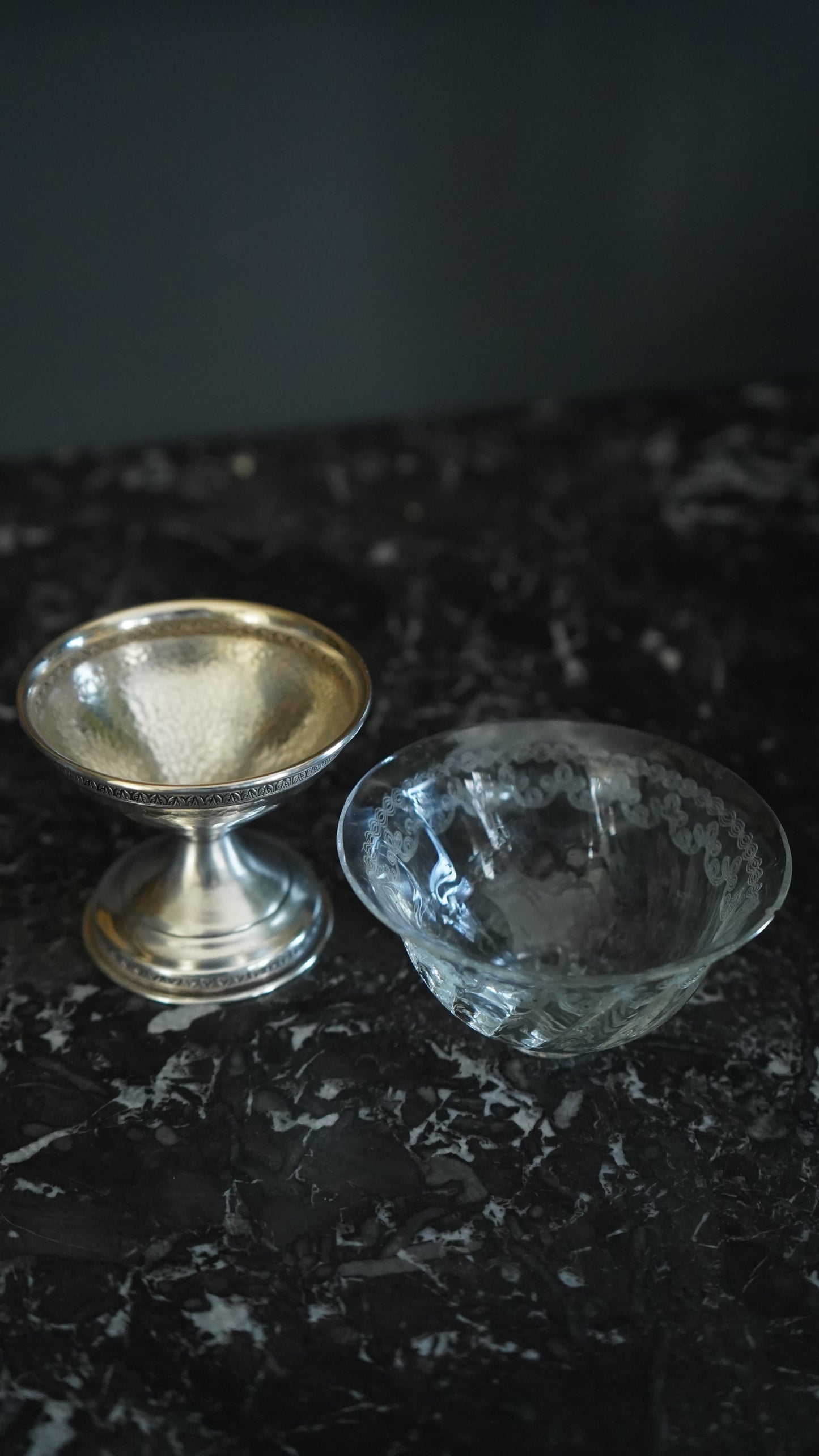 Set of 6 Sterling Silver & Etched Glass Dessert Cups