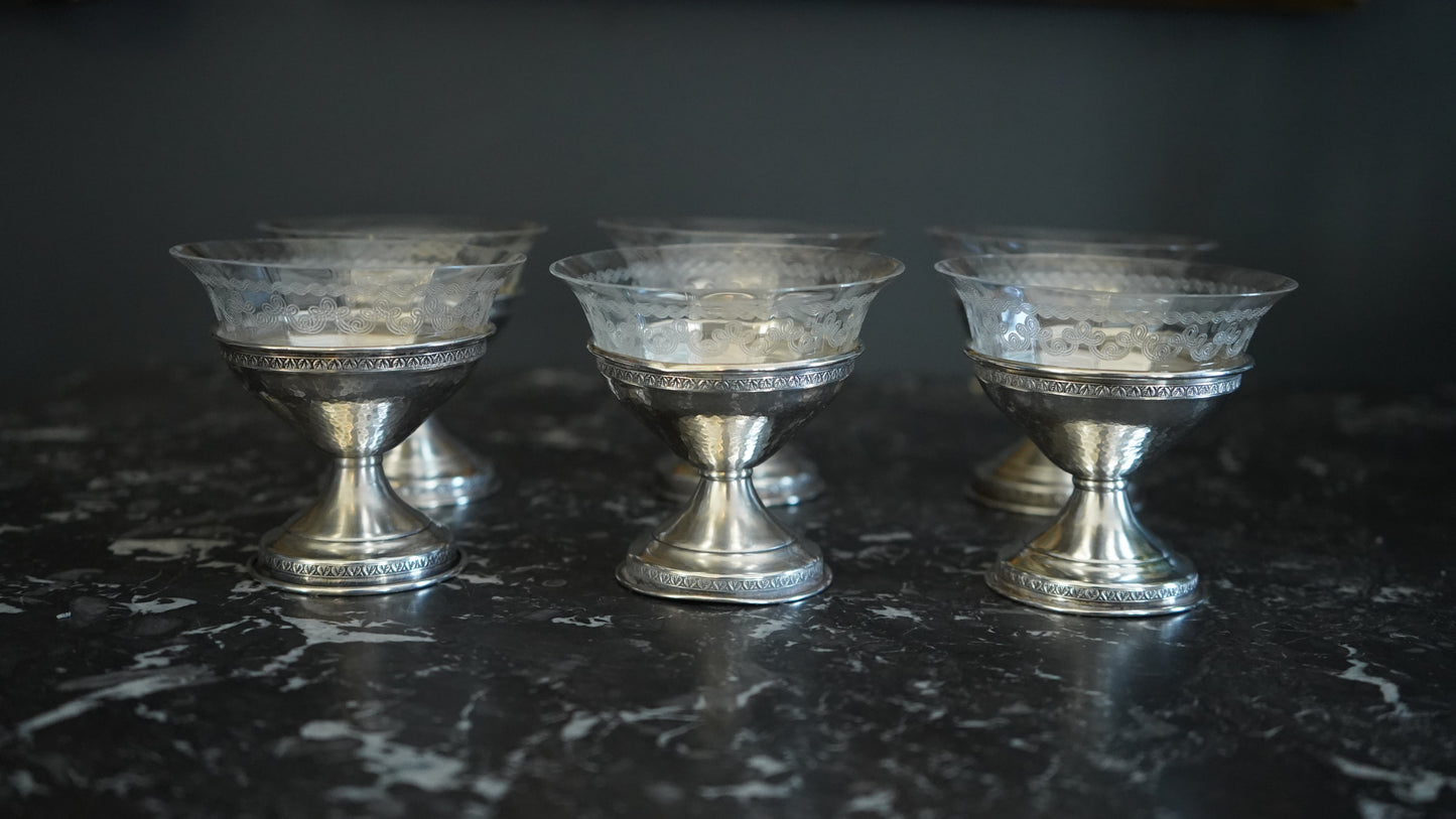 Set of 6 Sterling Silver & Etched Glass Dessert Cups