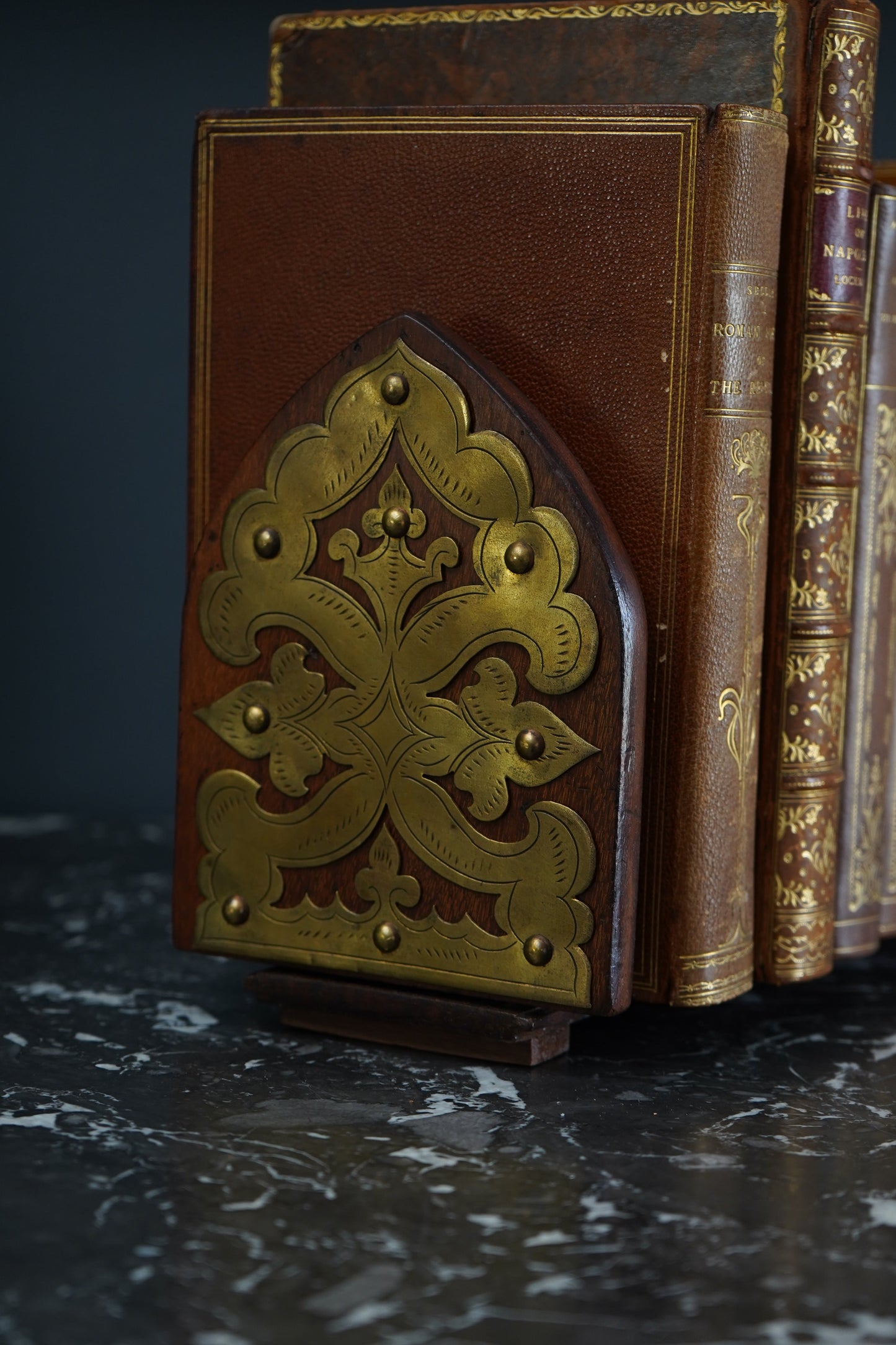 Antique Gothic Revival Folding Book Slide in Oak and Brass, c. 1890