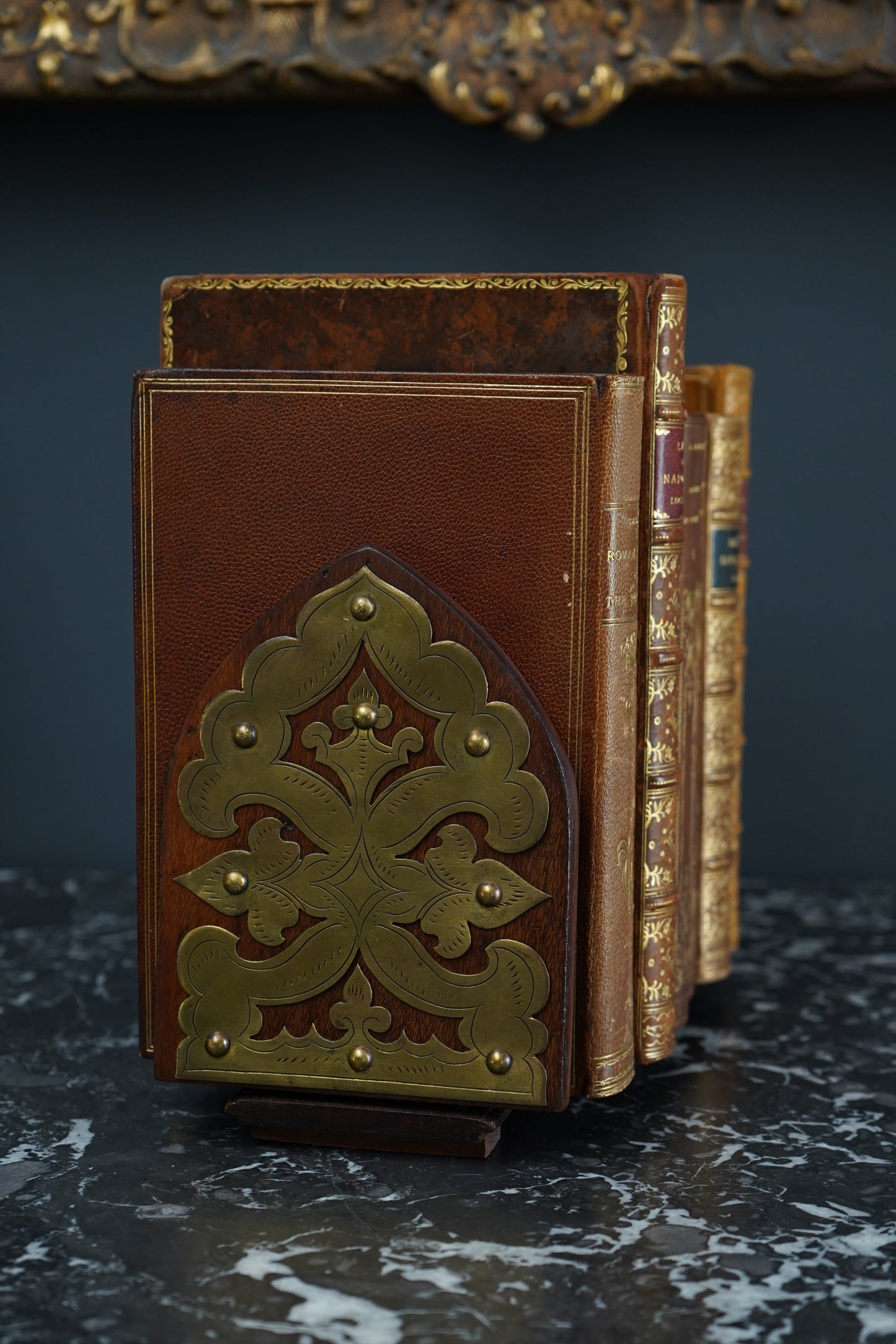 Antique Gothic Revival Folding Book Slide in Oak and Brass, c. 1890