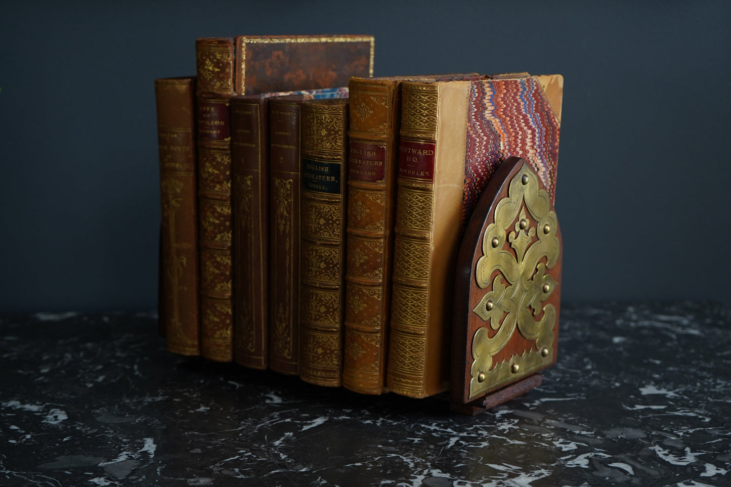 Antique Gothic Revival Folding Book Slide in Oak and Brass, c. 1890