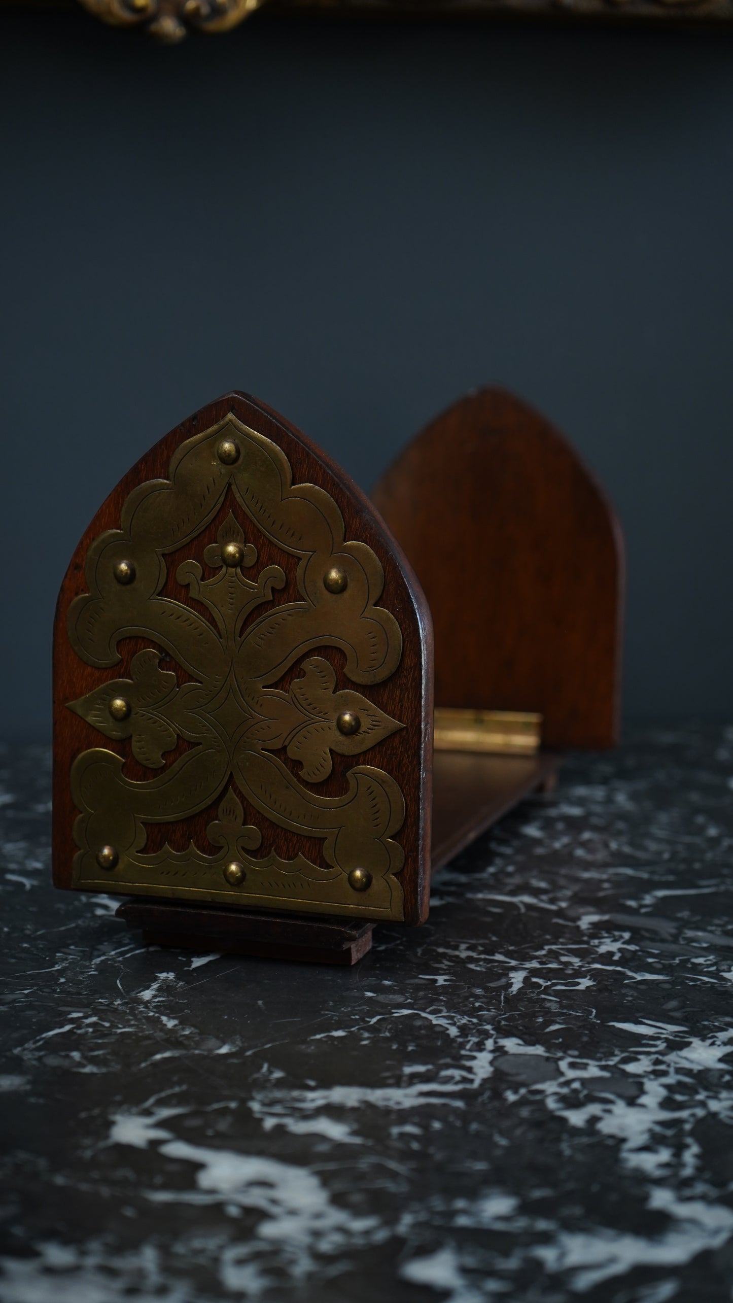Antique Gothic Revival Folding Book Slide in Oak and Brass, c. 1890