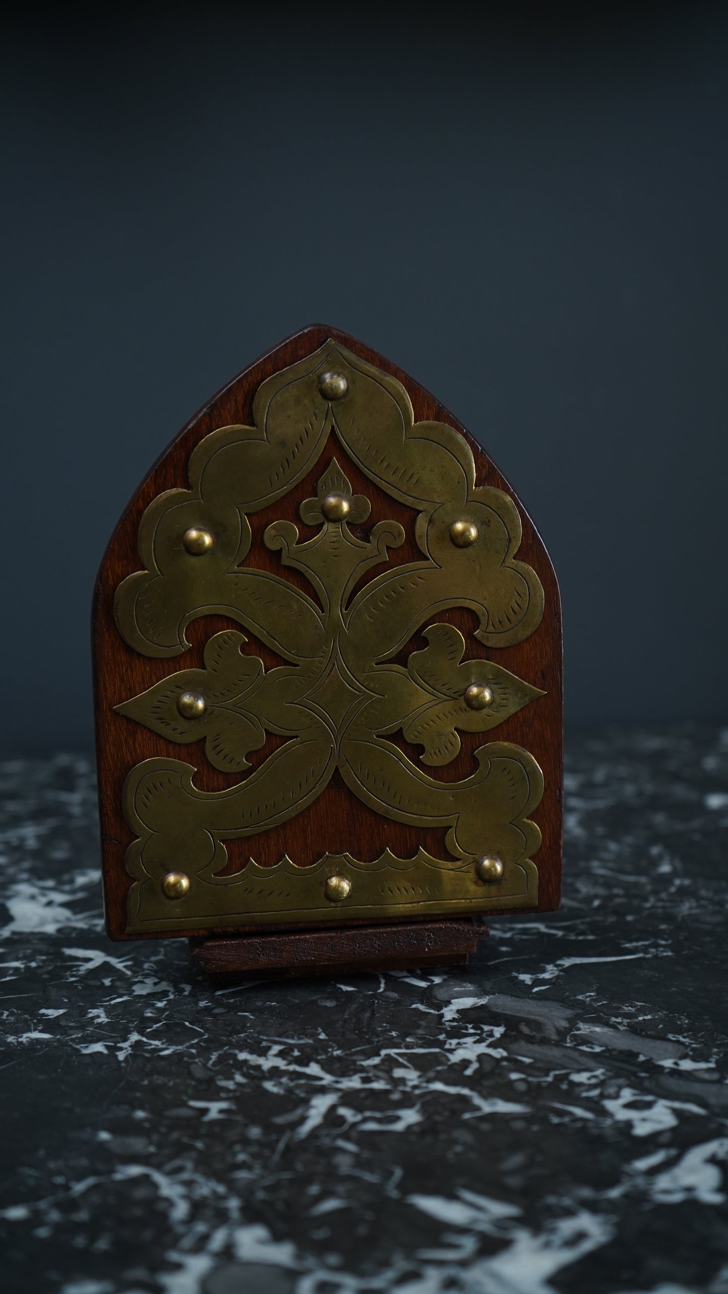 Antique Gothic Revival Folding Book Slide in Oak and Brass, c. 1890