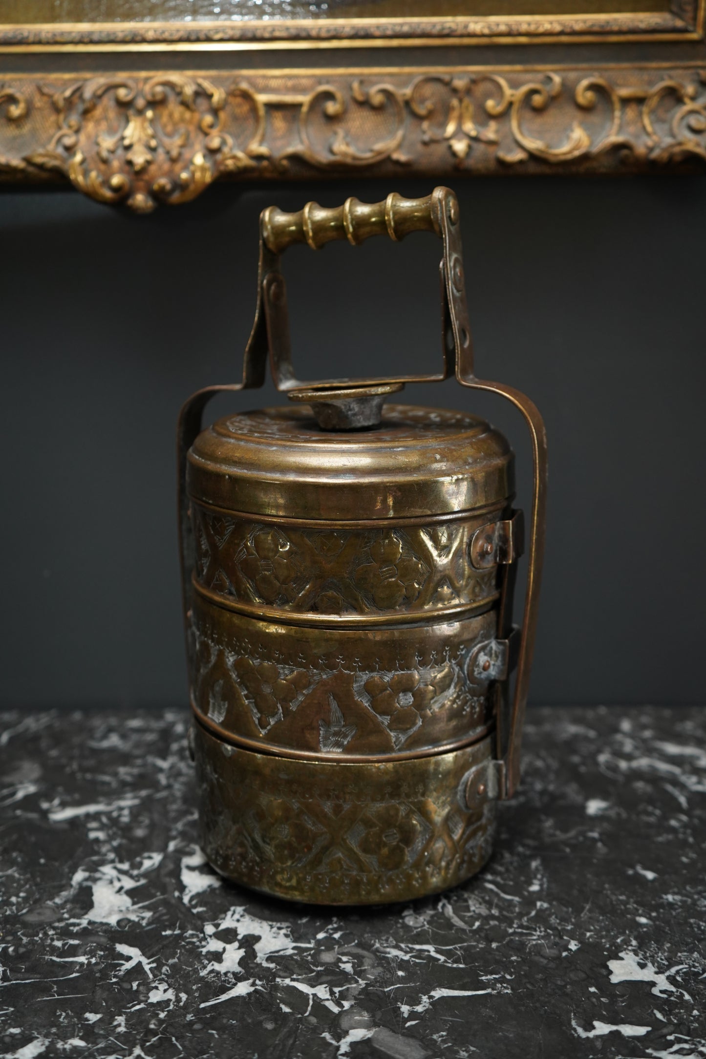 Vintage Brass Tiffin Carrier | Hand-Engraved 3-Tier Food Container with Handle