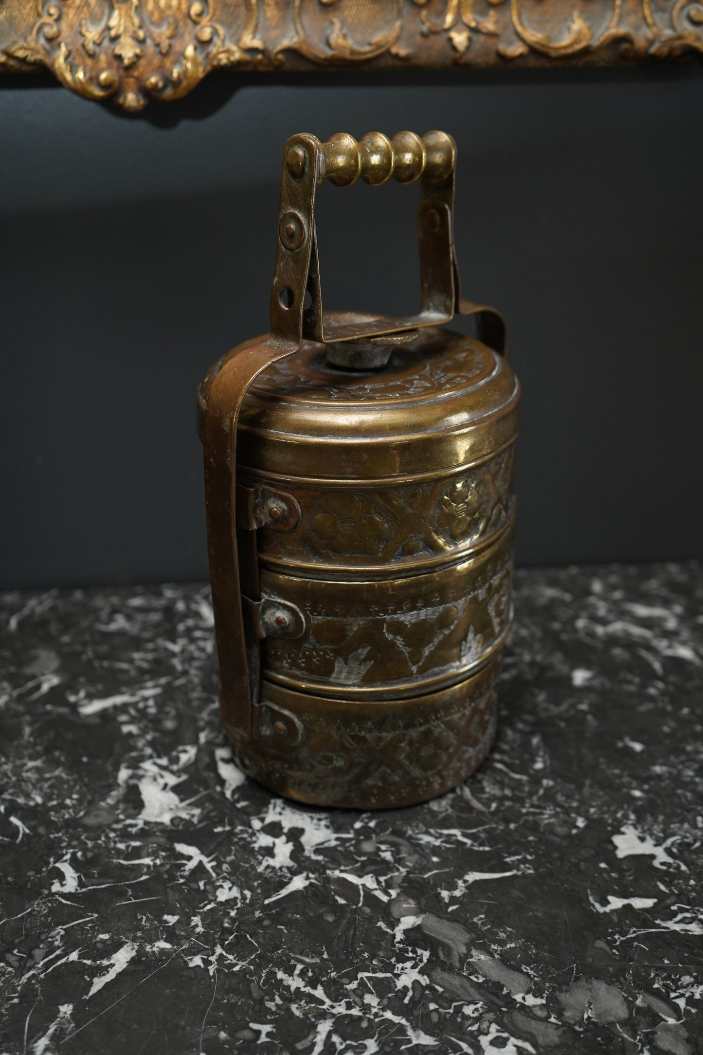 Vintage Brass Tiffin Carrier | Hand-Engraved 3-Tier Food Container with Handle