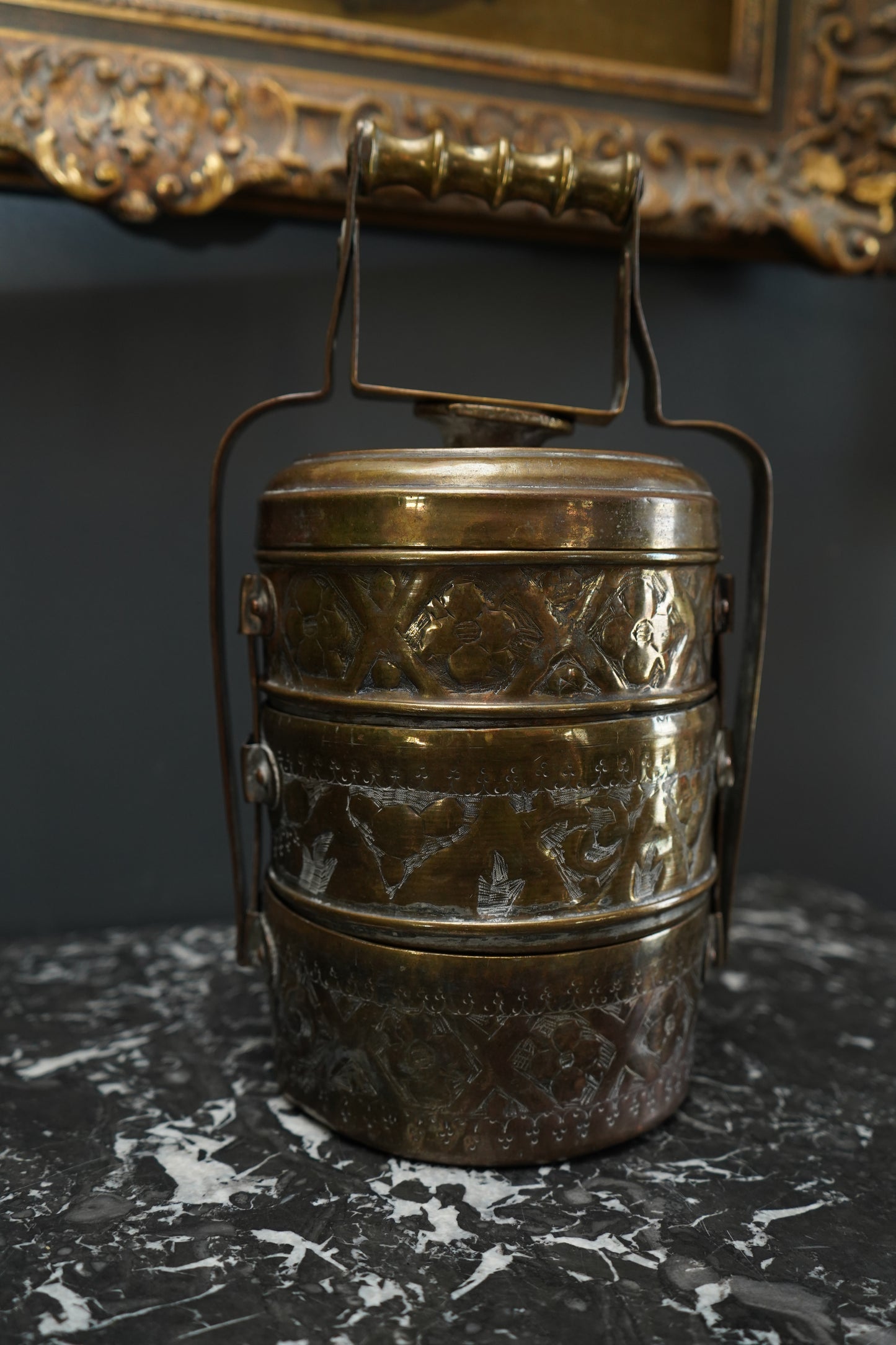 Vintage Brass Tiffin Carrier | Hand-Engraved 3-Tier Food Container with Handle