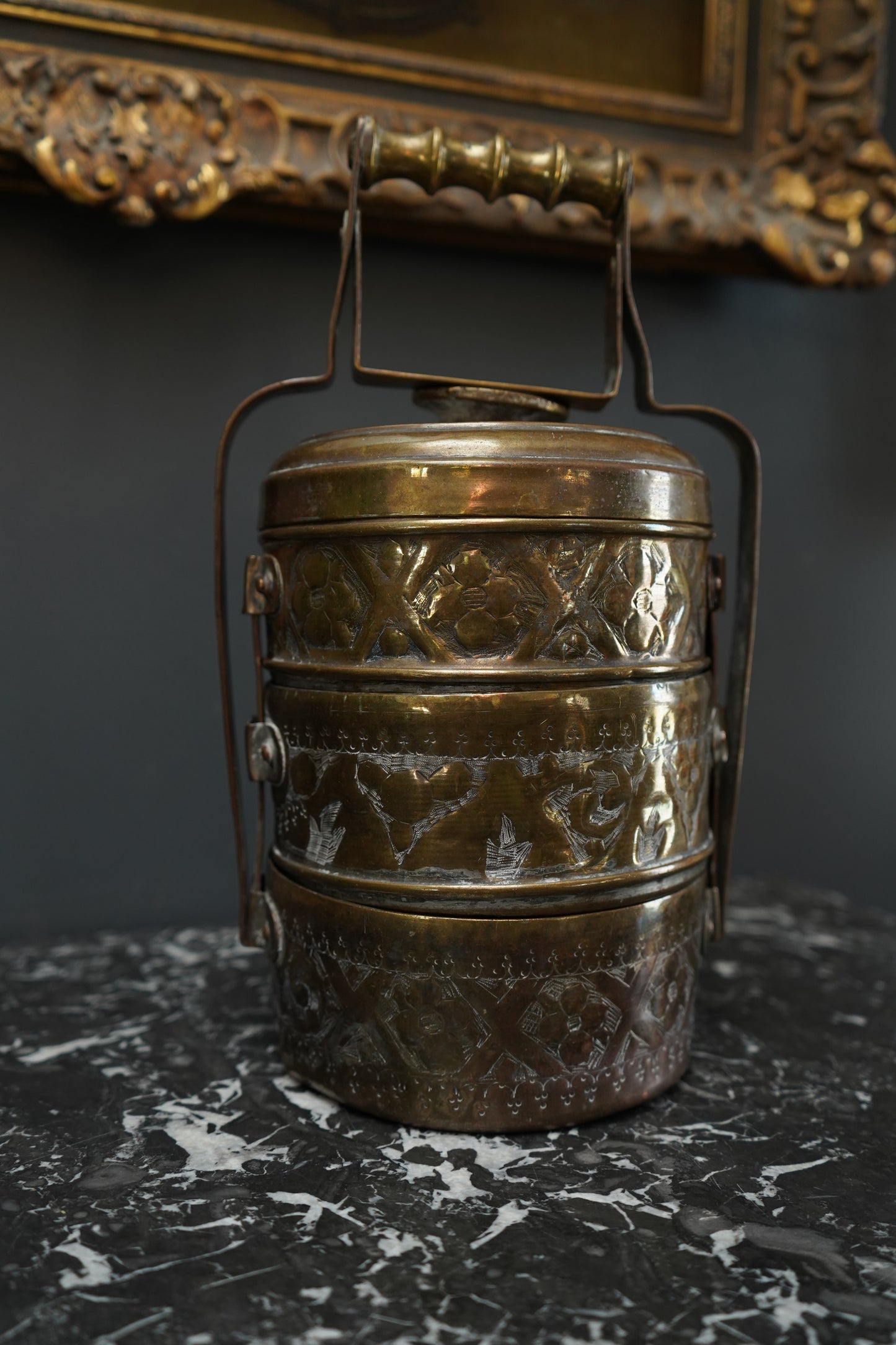Vintage Brass Tiffin Carrier | Hand-Engraved 3-Tier Food Container with Handle