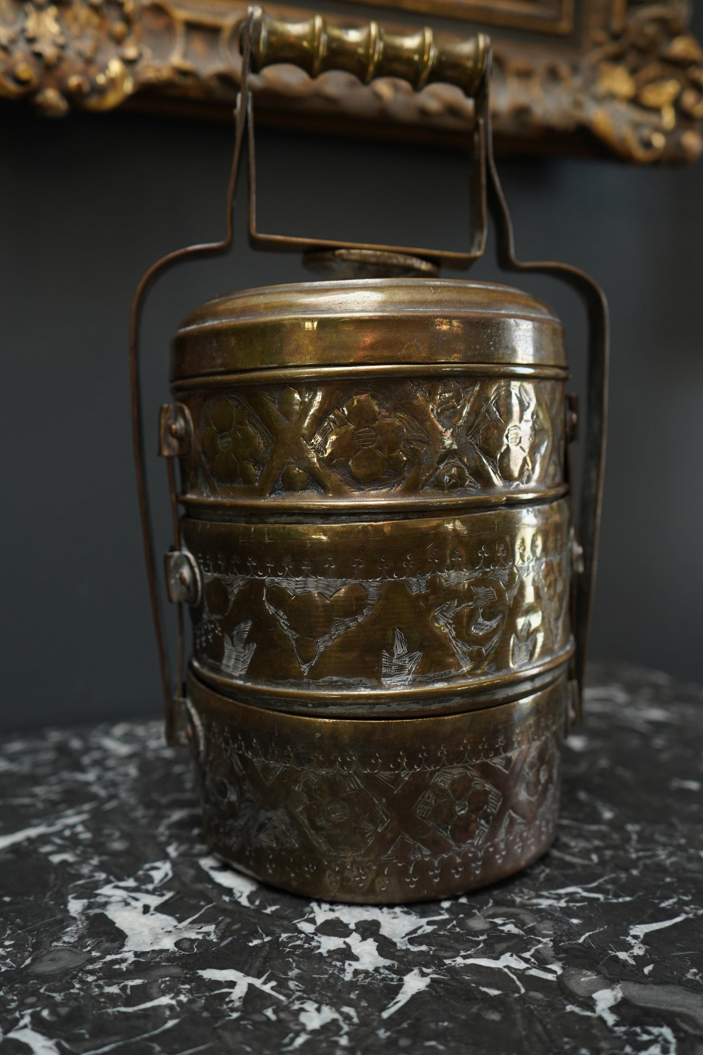 Vintage Brass Tiffin Carrier | Hand-Engraved 3-Tier Food Container with Handle