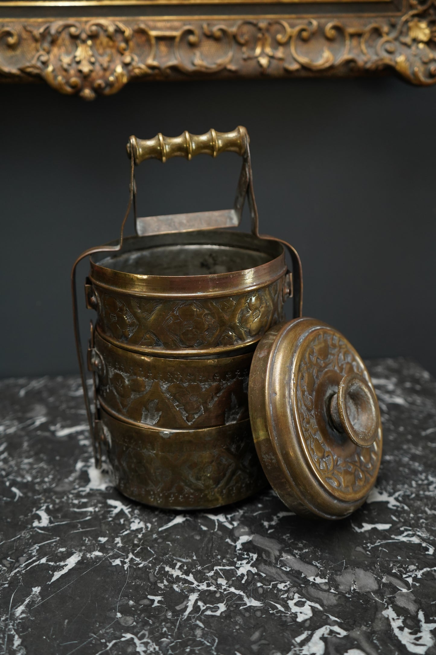 Vintage Brass Tiffin Carrier | Hand-Engraved 3-Tier Food Container with Handle