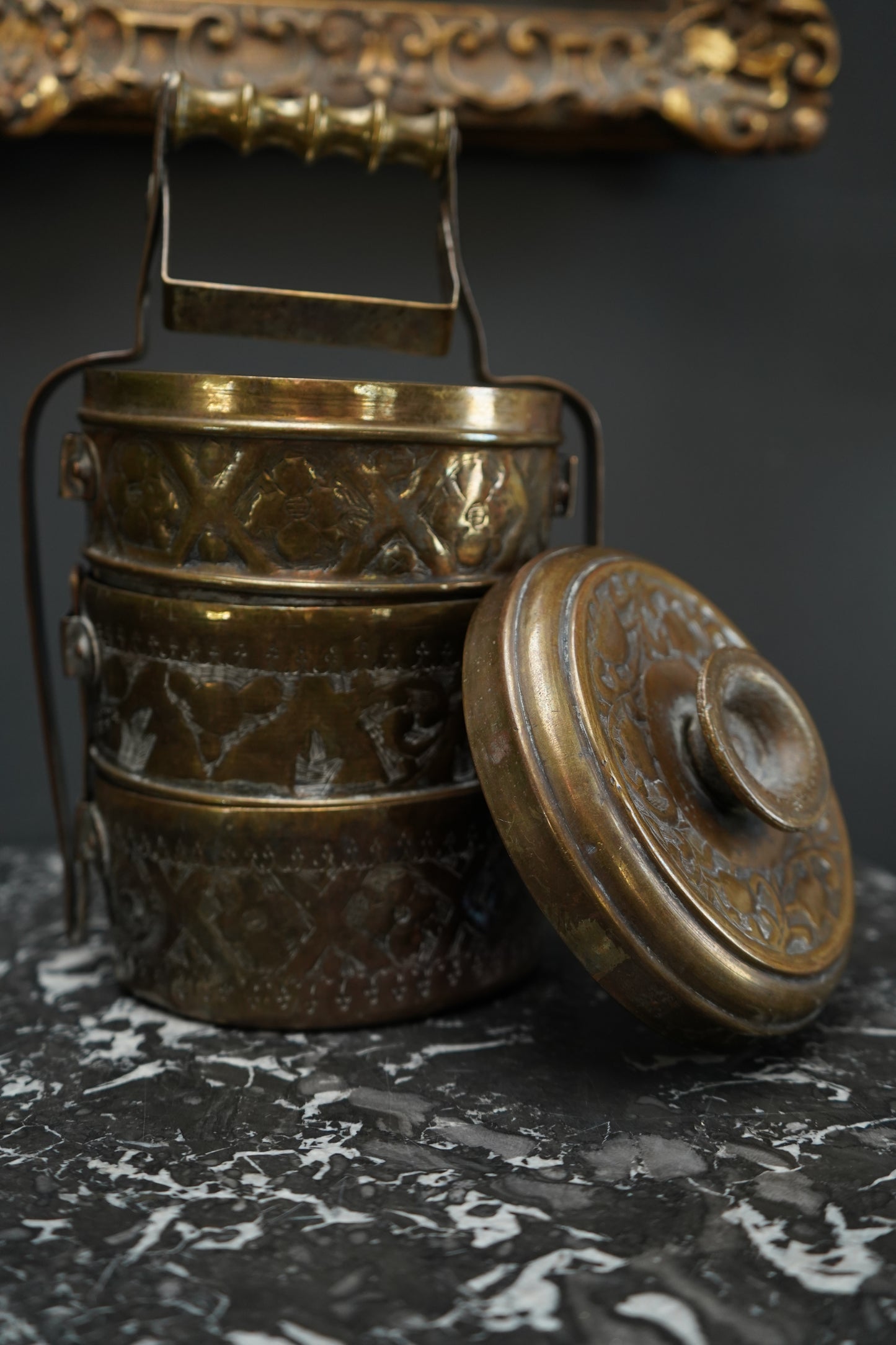 Vintage Brass Tiffin Carrier | Hand-Engraved 3-Tier Food Container with Handle