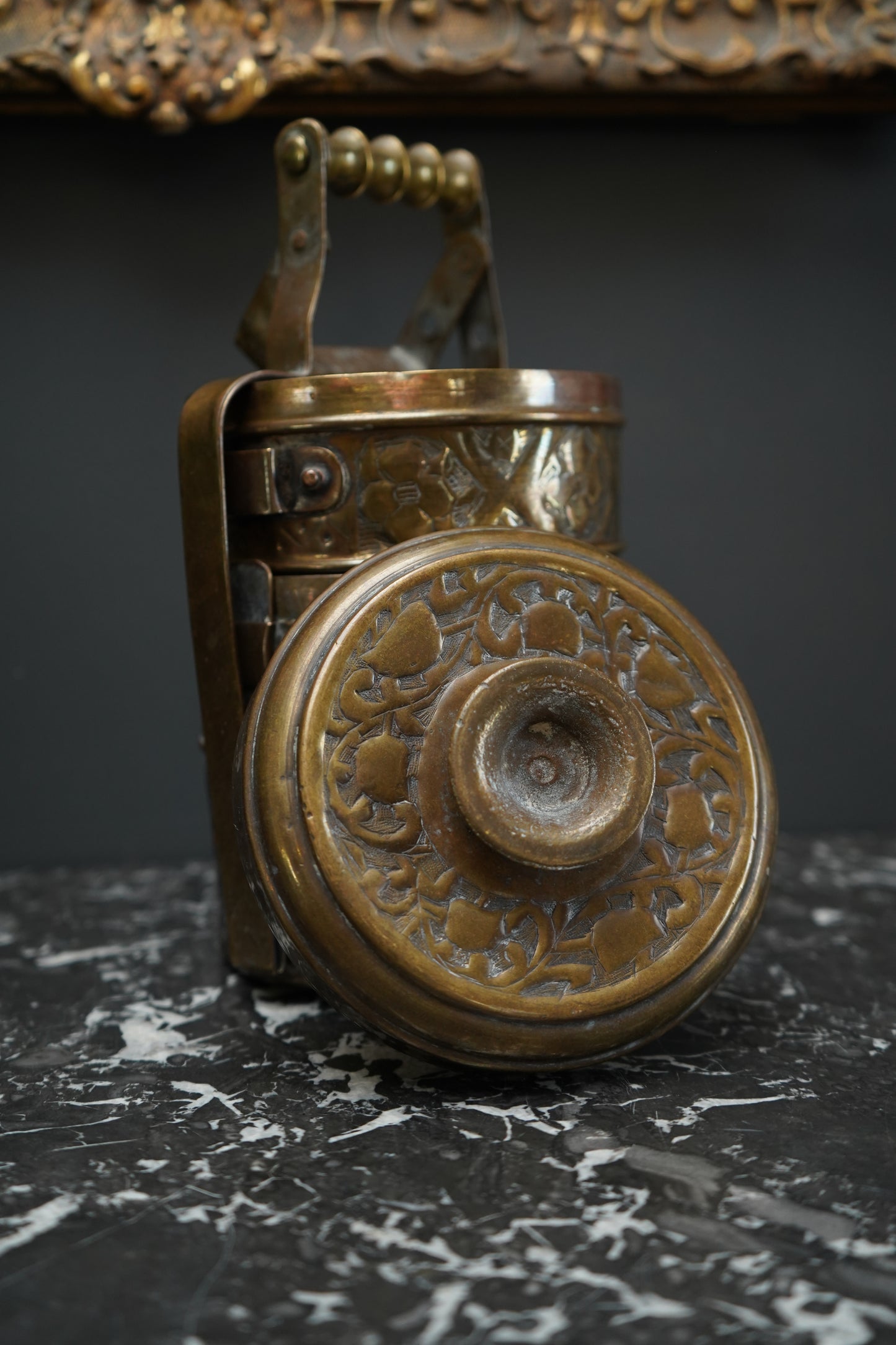 Vintage Brass Tiffin Carrier | Hand-Engraved 3-Tier Food Container with Handle