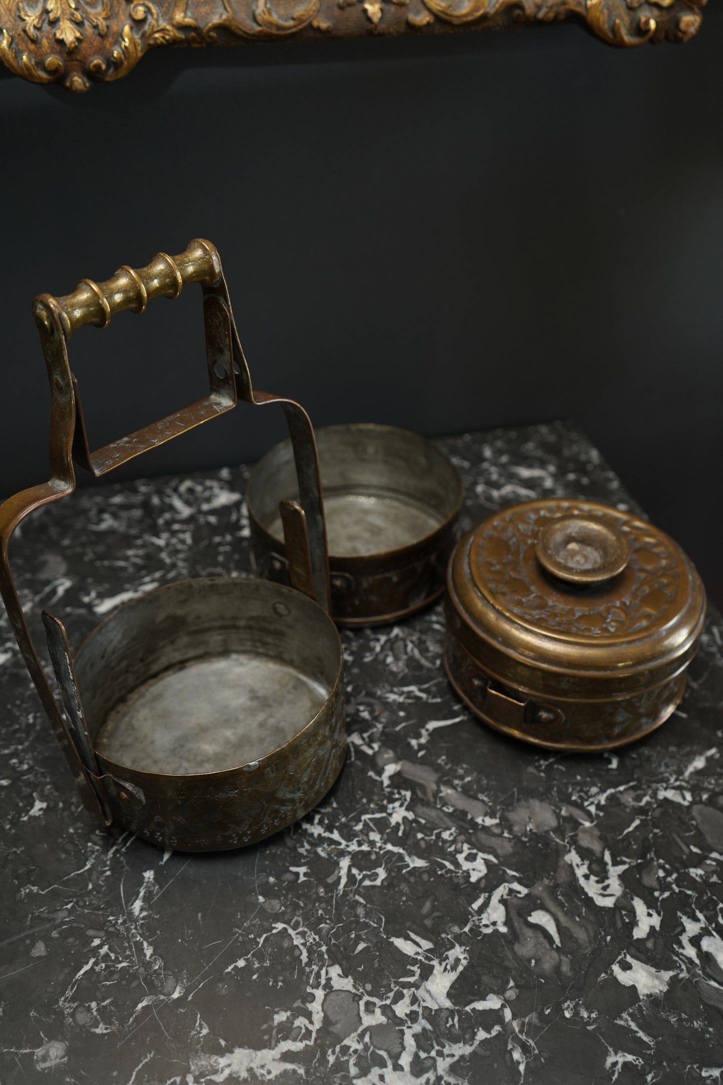Vintage Brass Tiffin Carrier | Hand-Engraved 3-Tier Food Container with Handle