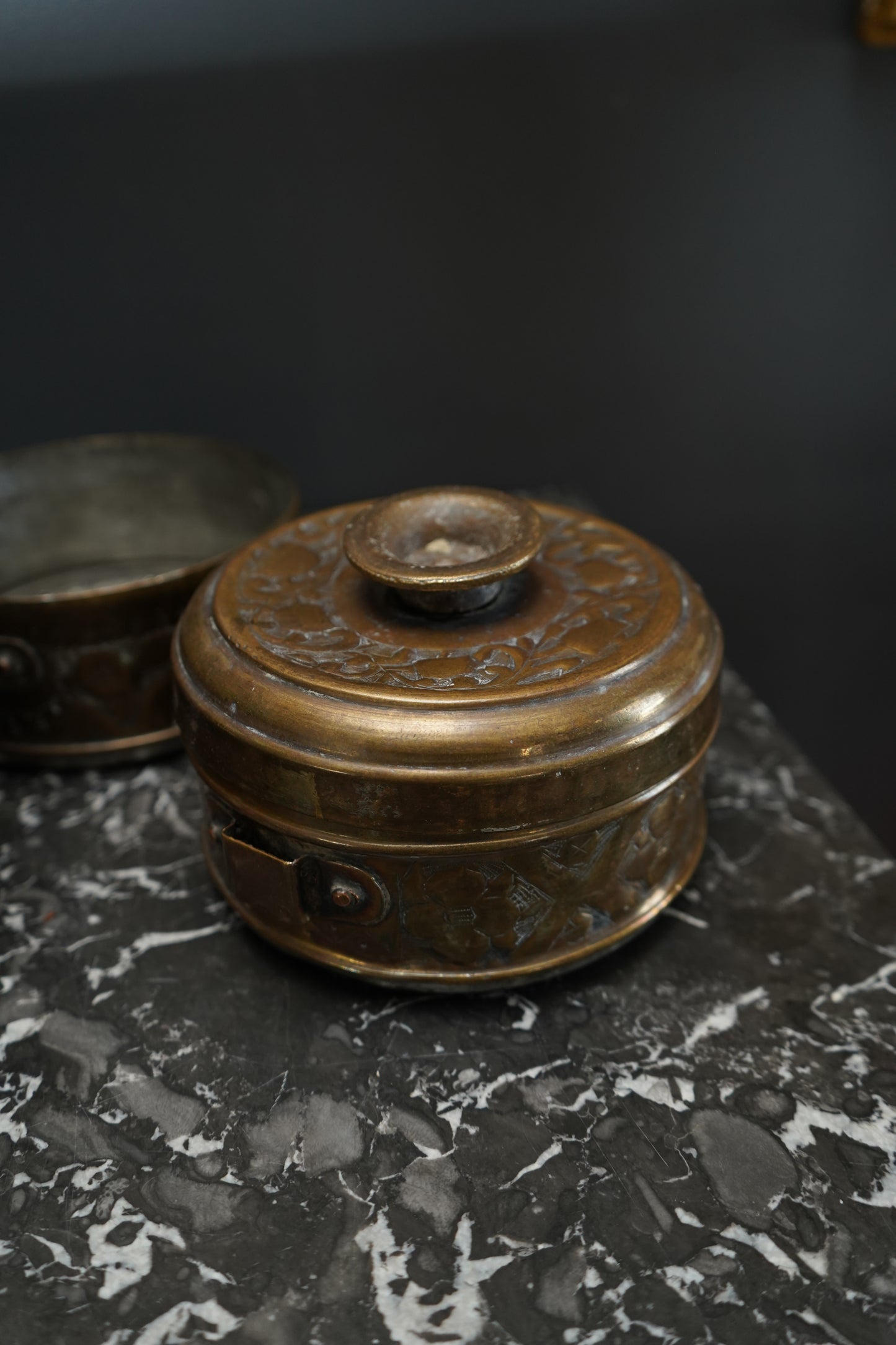 Vintage Brass Tiffin Carrier | Hand-Engraved 3-Tier Food Container with Handle