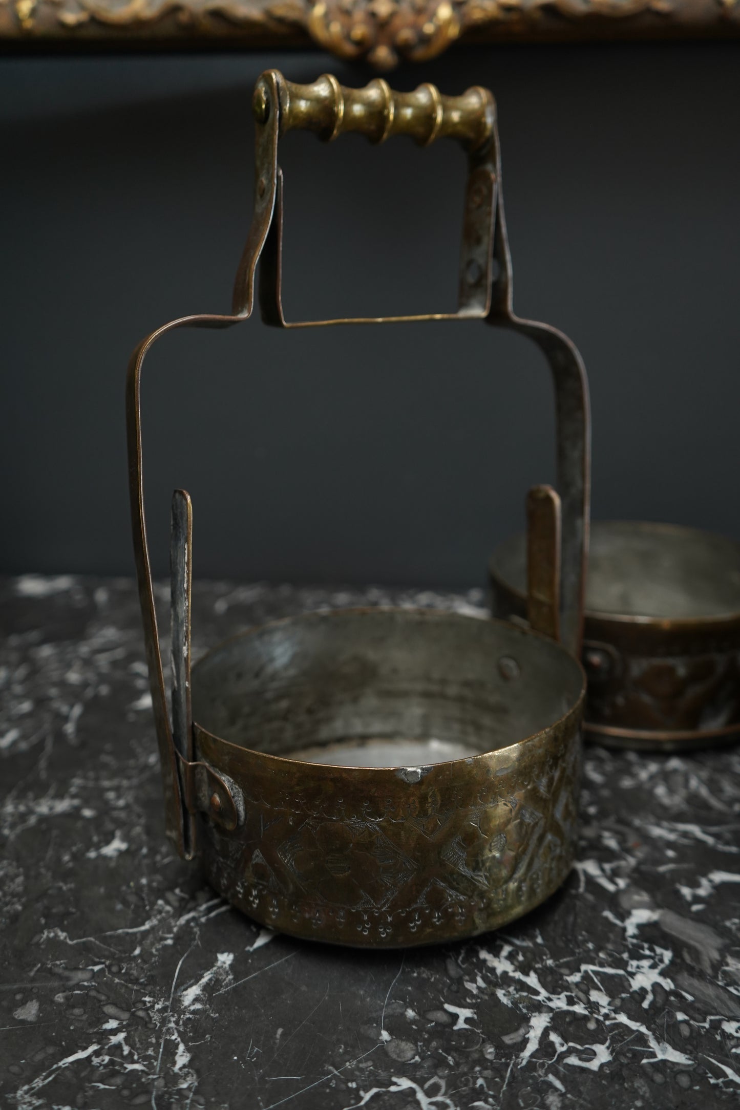 Vintage Brass Tiffin Carrier | Hand-Engraved 3-Tier Food Container with Handle