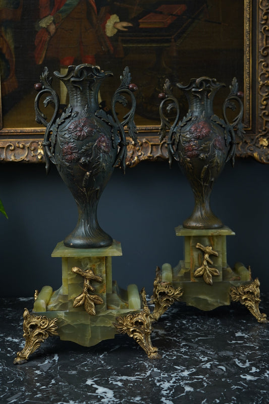 Pair of Antique French Neoclassical Spelter and Onyx Urns with Gilt Brass Accents