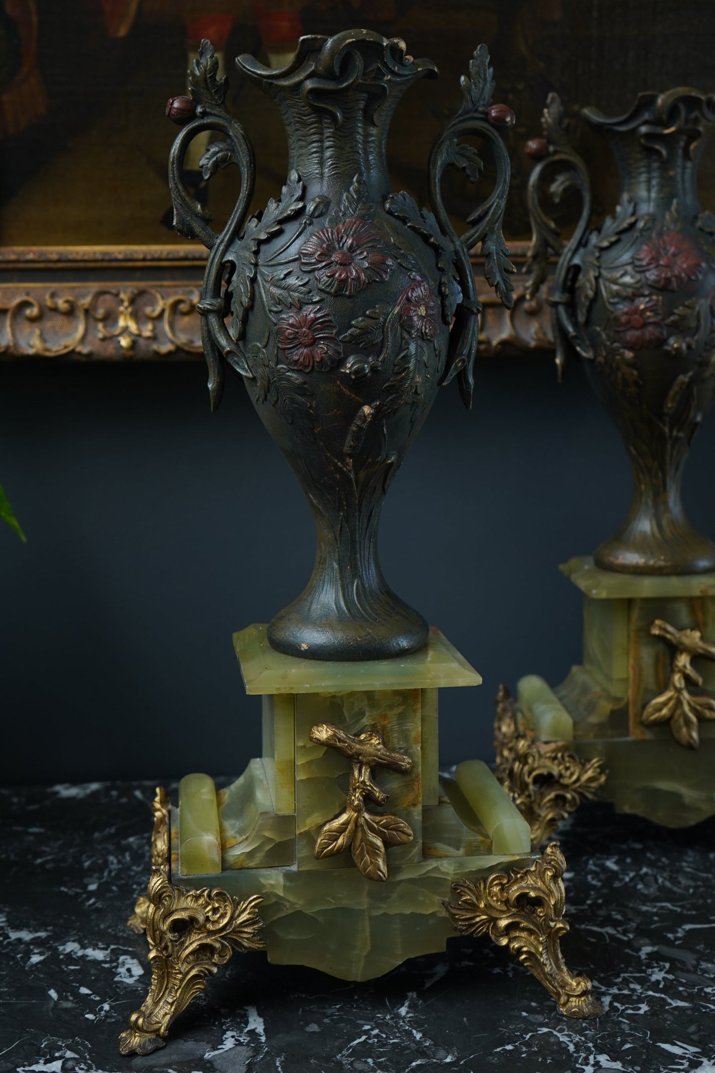 Pair of Antique French Neoclassical Spelter and Onyx Urns with Gilt Brass Accents