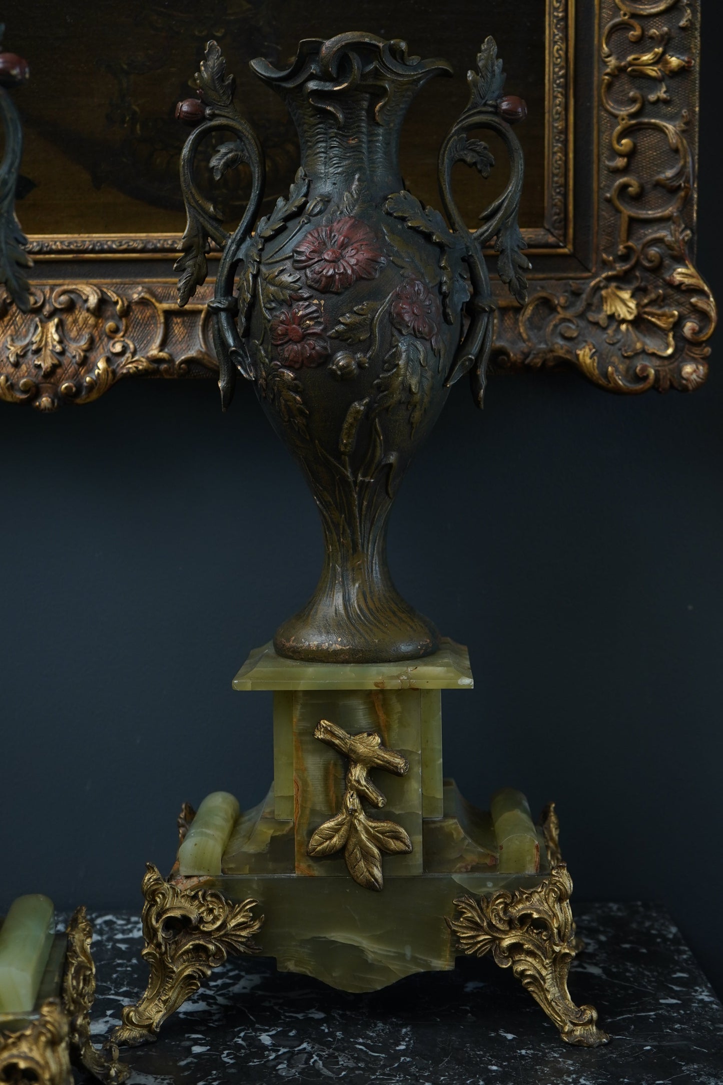 Pair of Antique French Neoclassical Spelter and Onyx Urns with Gilt Brass Accents