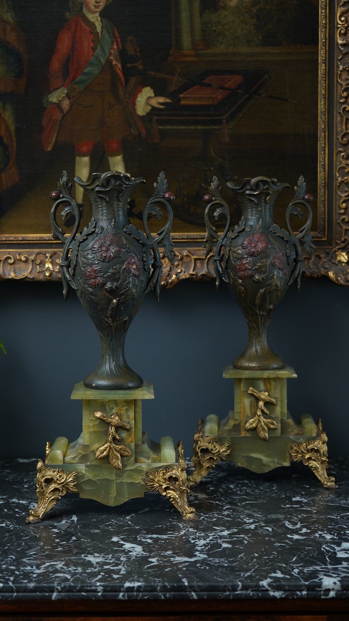 Pair of Antique French Neoclassical Spelter and Onyx Urns with Gilt Brass Accents