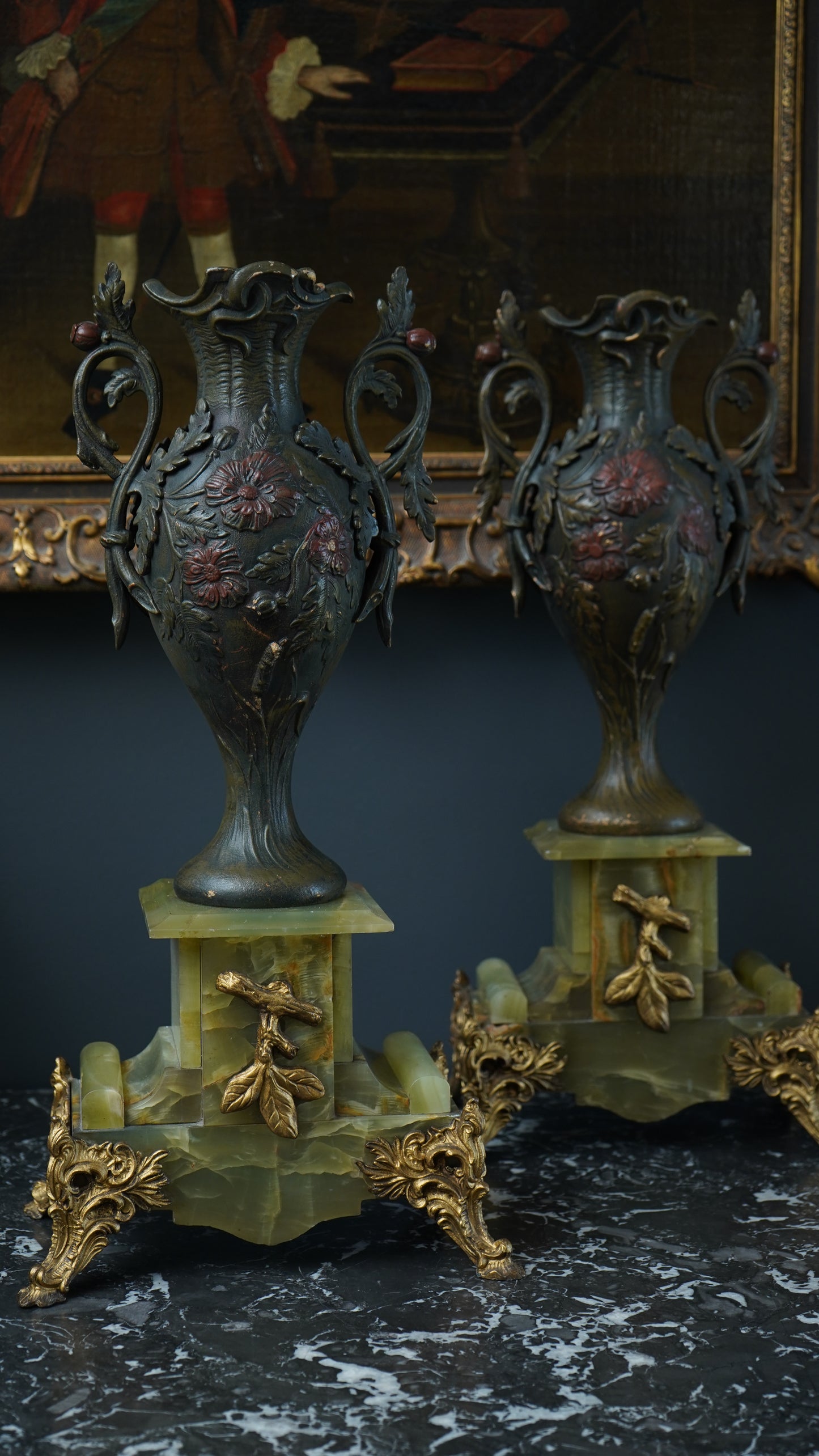 Pair of Antique French Neoclassical Spelter and Onyx Urns with Gilt Brass Accents