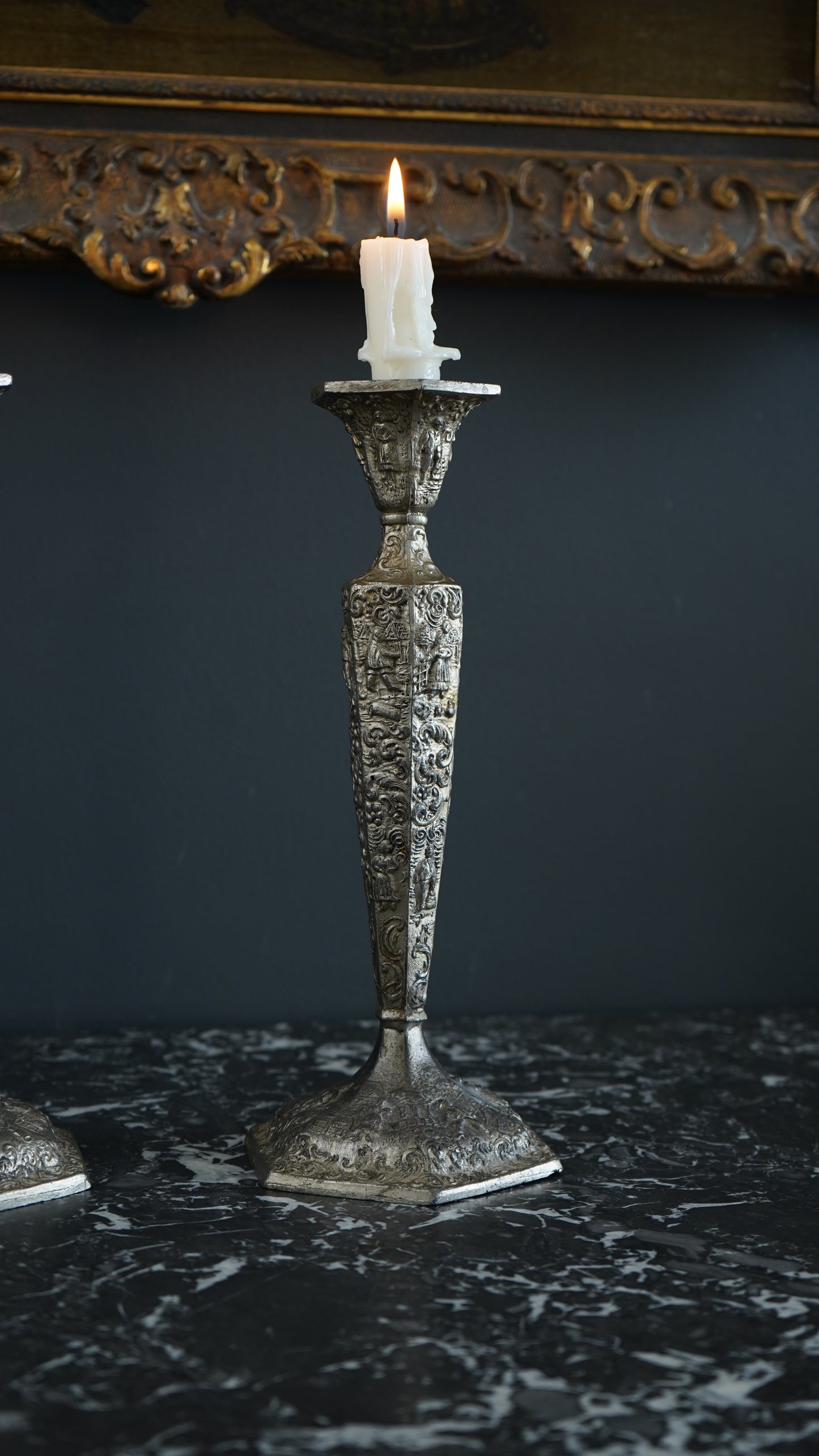 Pair of Weidlich Brothers Dutch Windmill Repoussee Silver Plated Candleholders, Pair of Vintage Silver-Plated Candlestick Holders