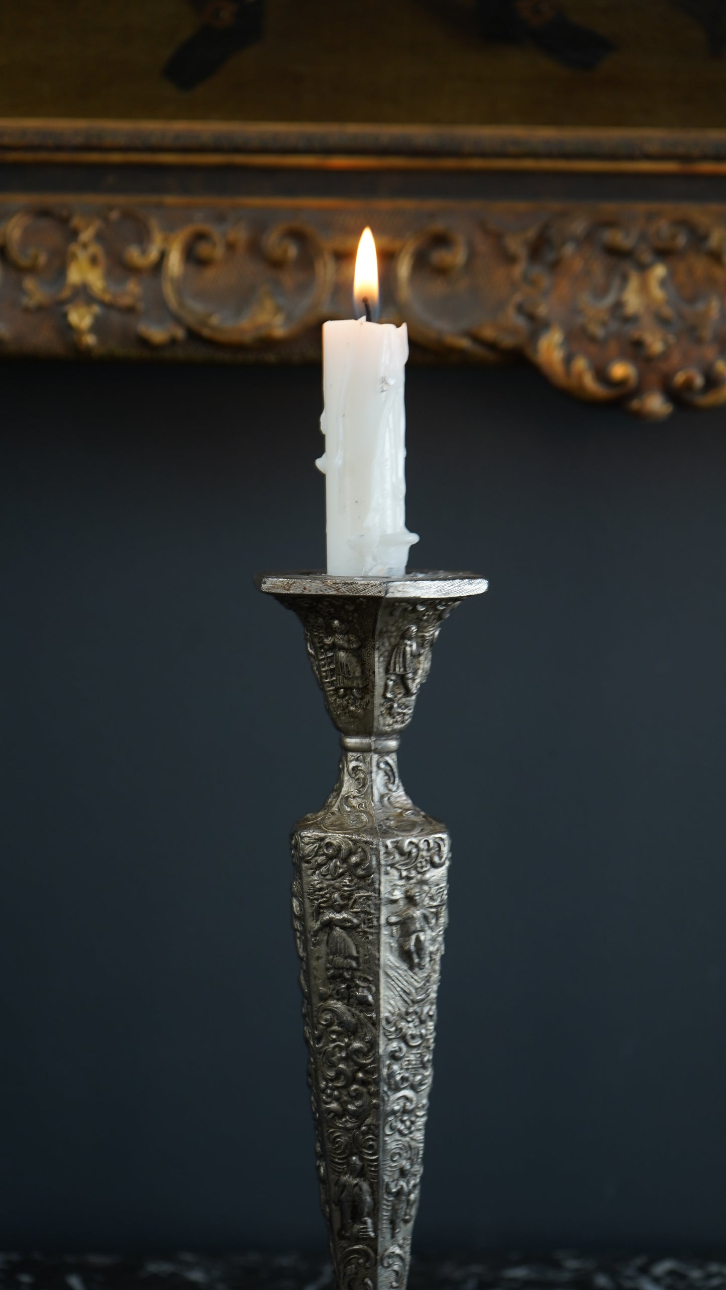 Pair of Weidlich Brothers Dutch Windmill Repoussee Silver Plated Candleholders, Pair of Vintage Silver-Plated Candlestick Holders