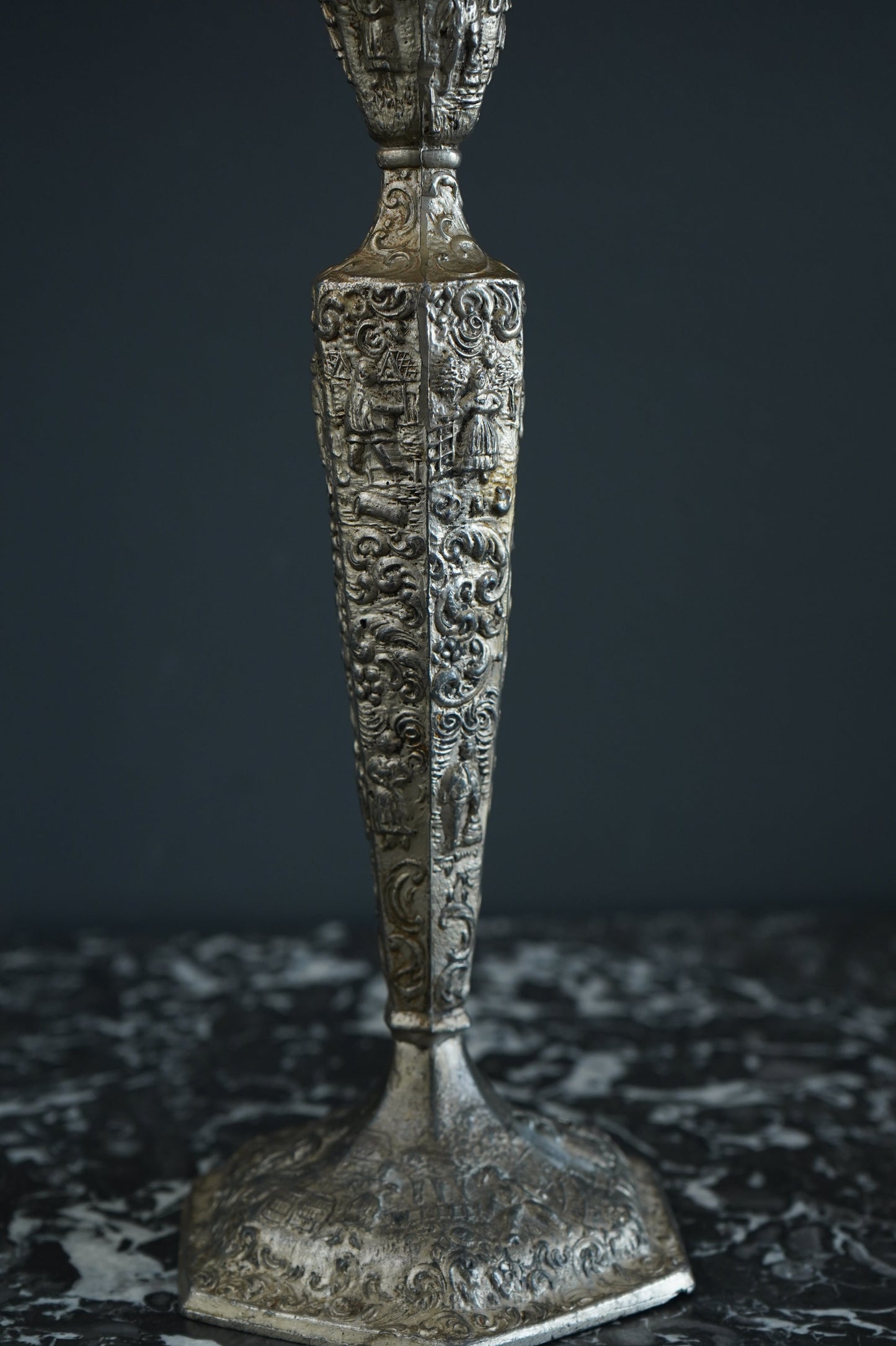 Pair of Weidlich Brothers Dutch Windmill Repoussee Silver Plated Candleholders, Pair of Vintage Silver-Plated Candlestick Holders